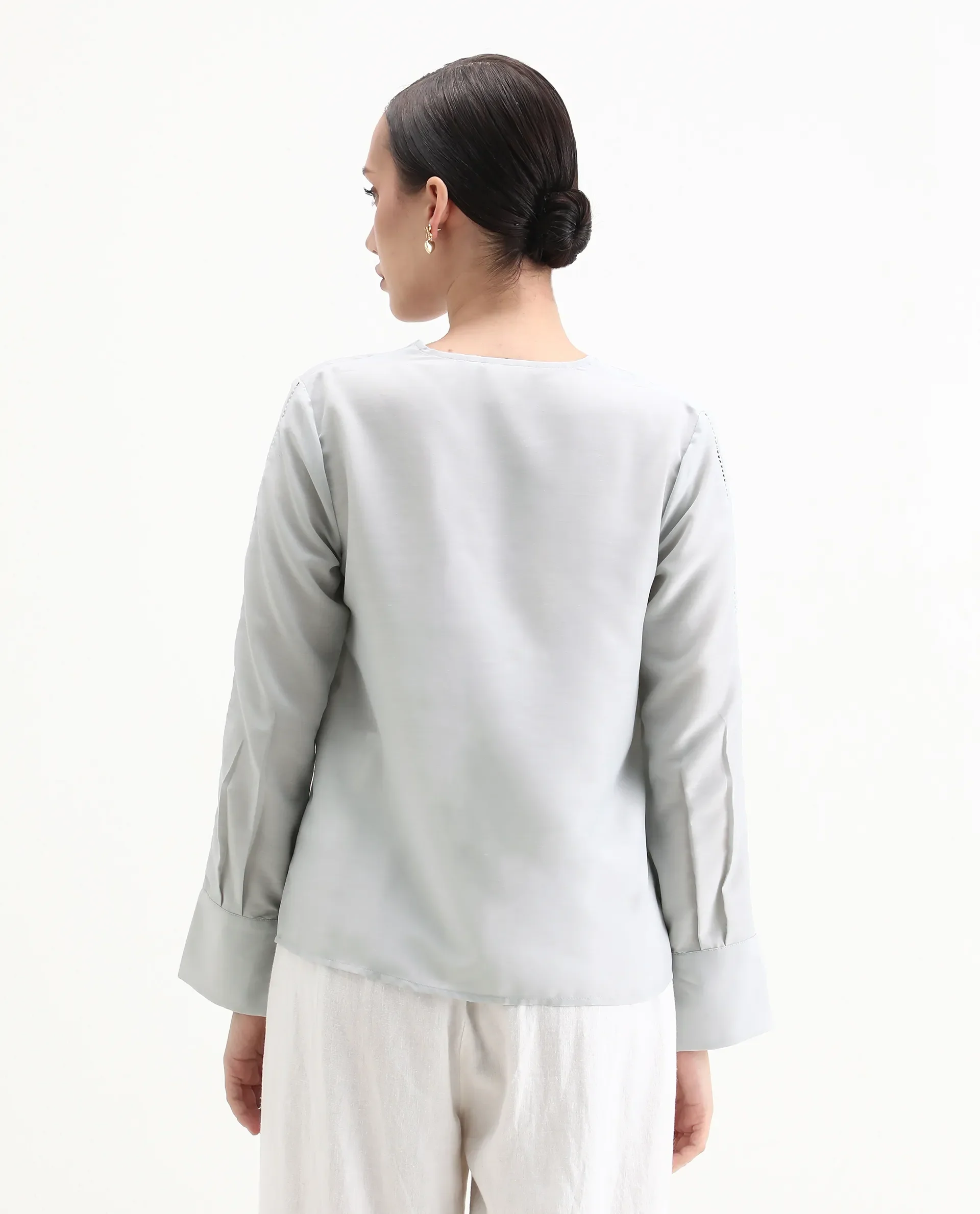 Rareism Women's Elapo Grey Polyester Cuffed Sleeve V-Neck Regular Fit Plain Top - Image 7