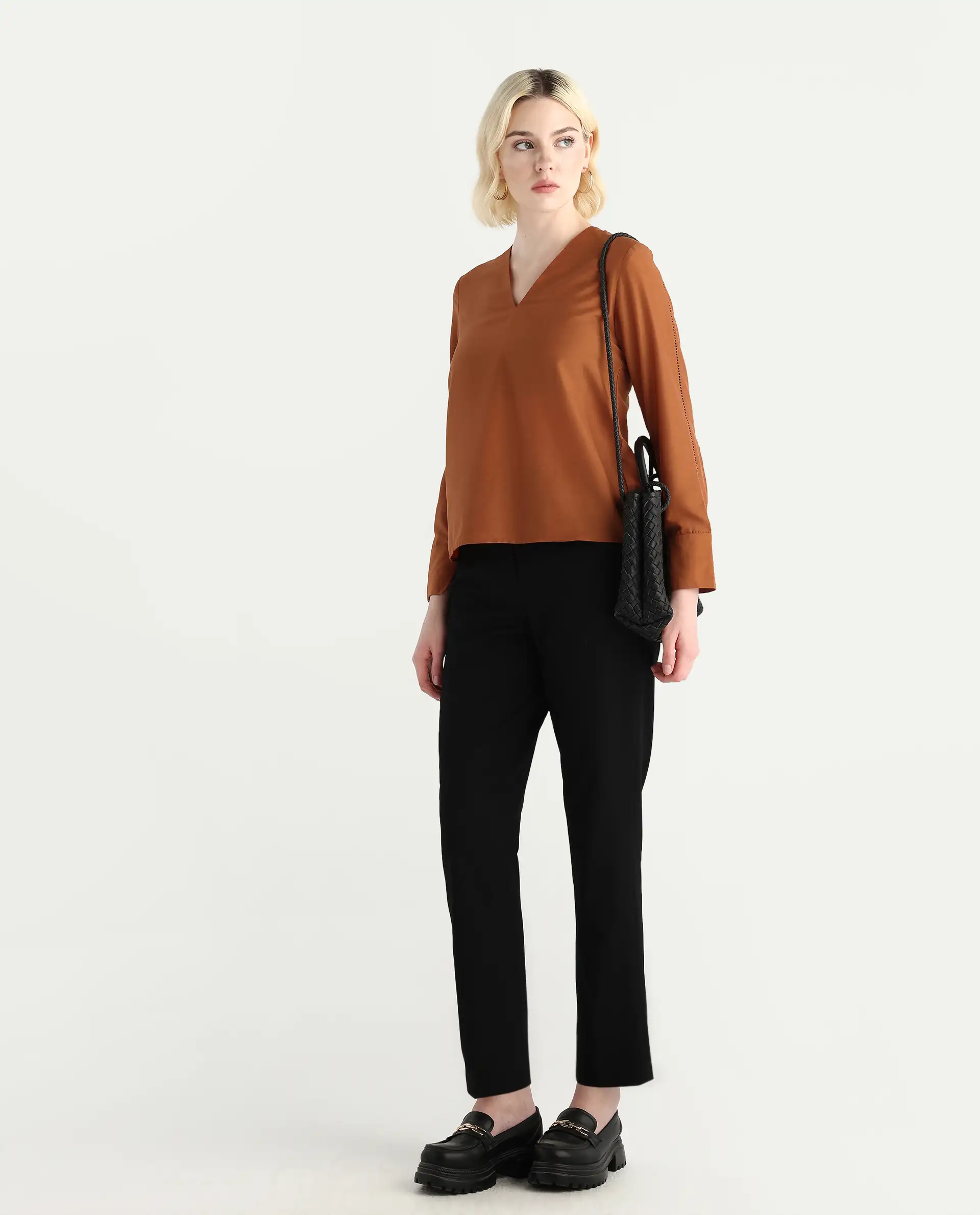 Rareism Women's Elapo Rust Polyester Cuffed Sleeve V-Neck Regular Fit Plain Top - Image 2
