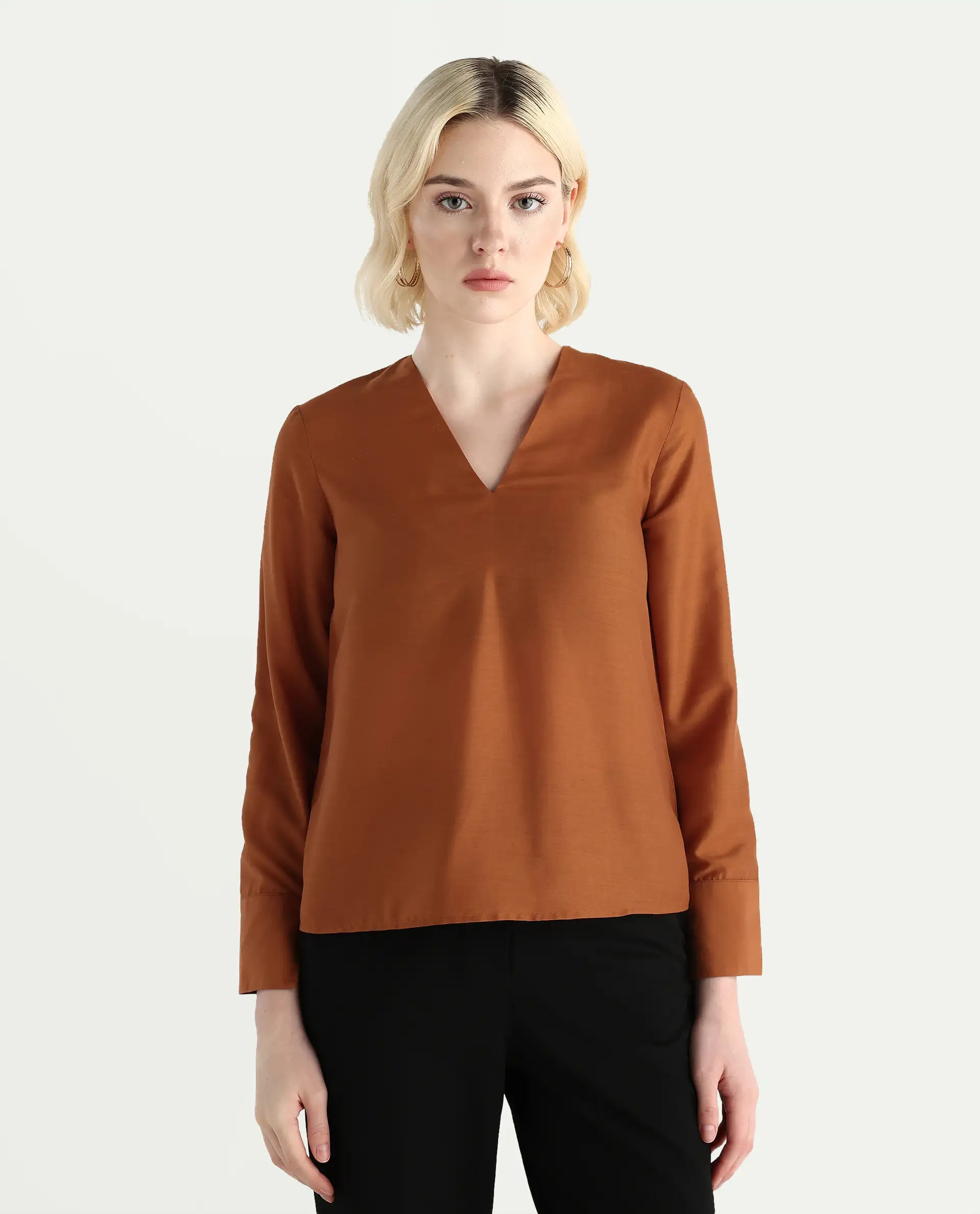 Rareism Women's Elapo Rust Polyester Cuffed Sleeve V-Neck Regular Fit Plain Top - Image 3