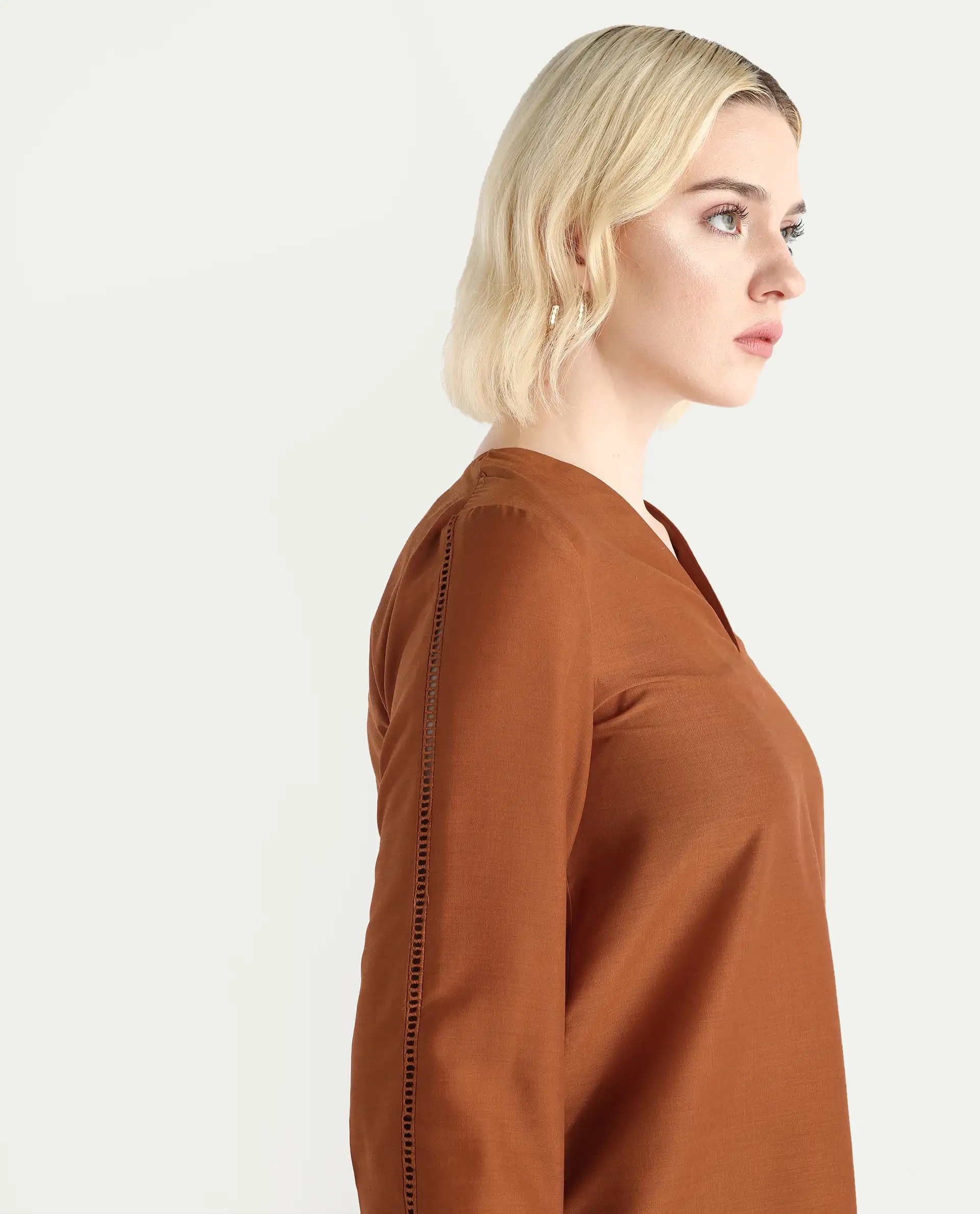 Rareism Women's Elapo Rust Polyester Cuffed Sleeve V-Neck Regular Fit Plain Top - Image 4
