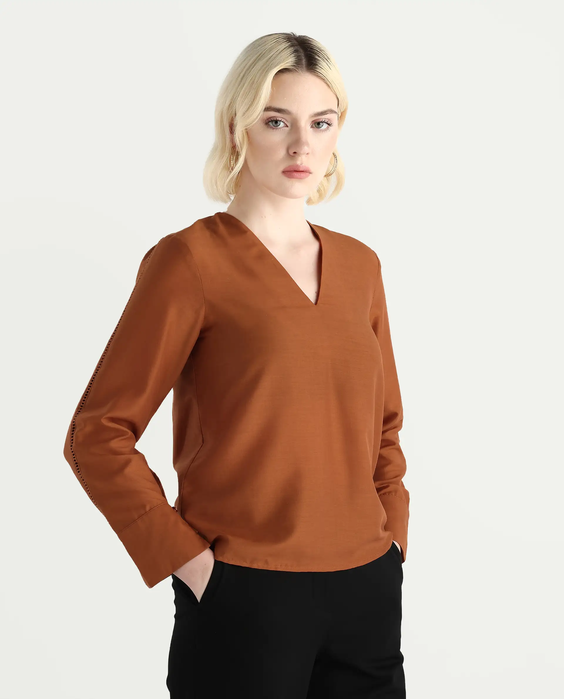 Rareism Women's Elapo Rust Polyester Cuffed Sleeve V-Neck Regular Fit Plain Top - Image 5