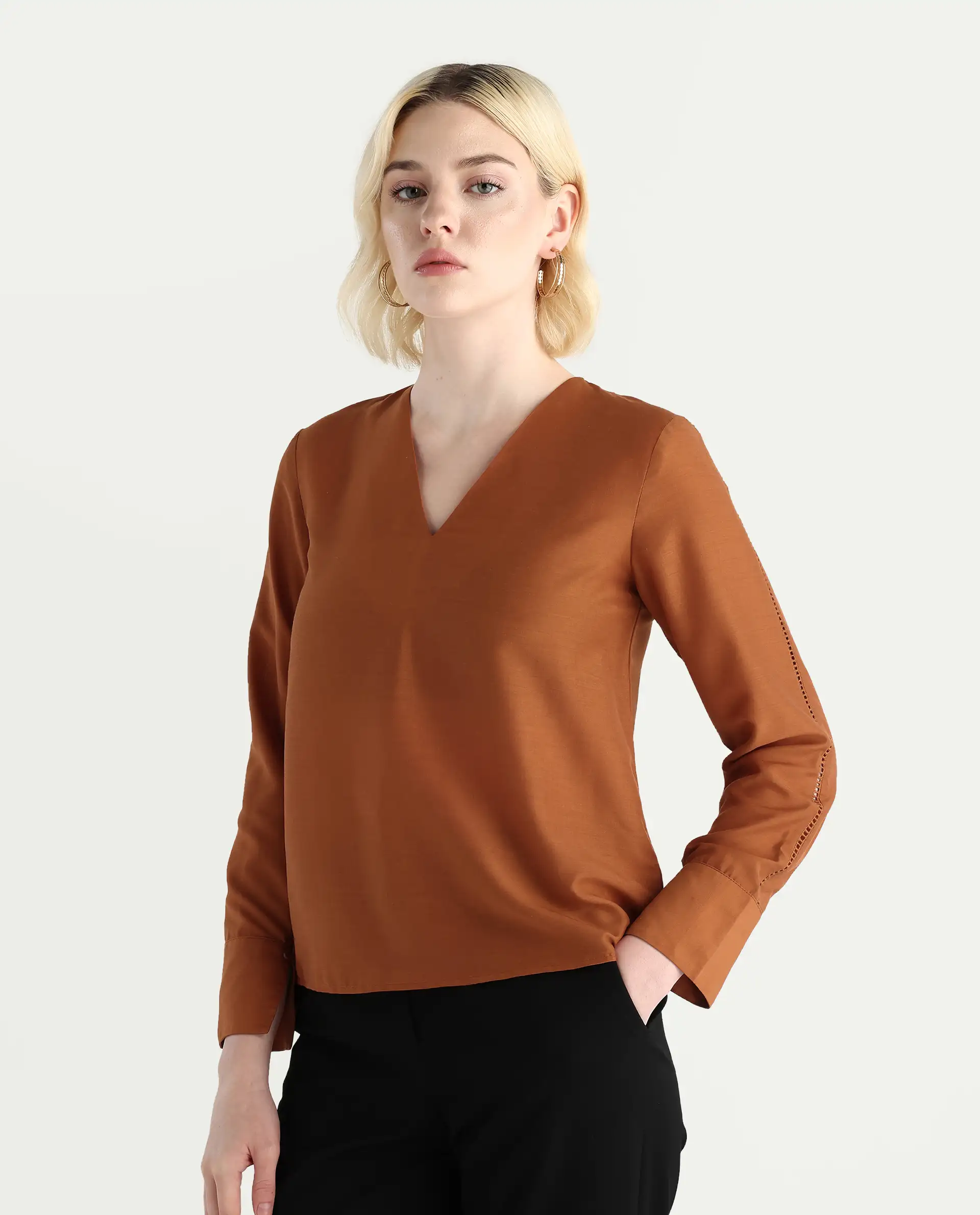 Rareism Women's Elapo Rust Polyester Cuffed Sleeve V-Neck Regular Fit Plain Top - Image 6