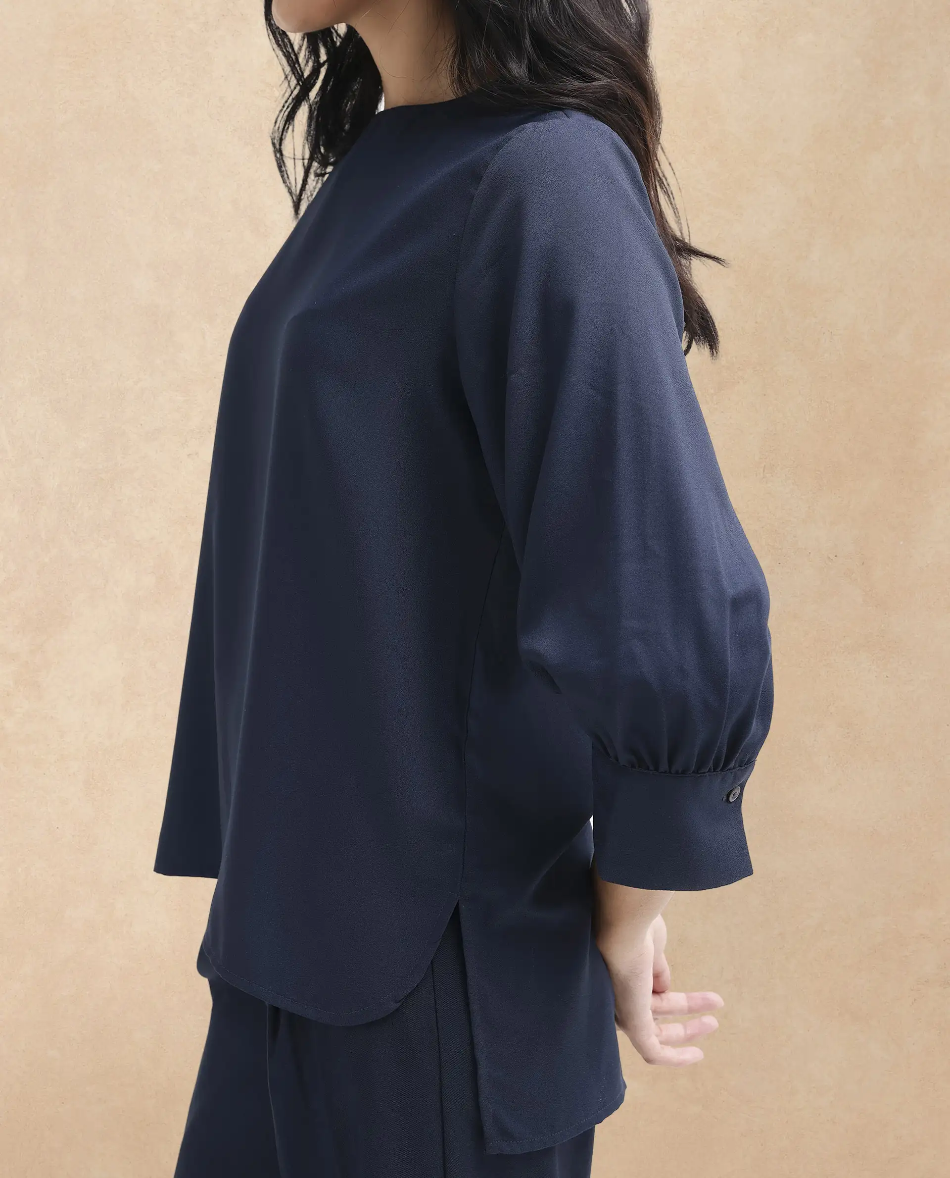 Rareism Women's Elara Navy Cotton Blend Mandarin Collar Plain Cuffed Sleeve Regular Fit Top - Image 2