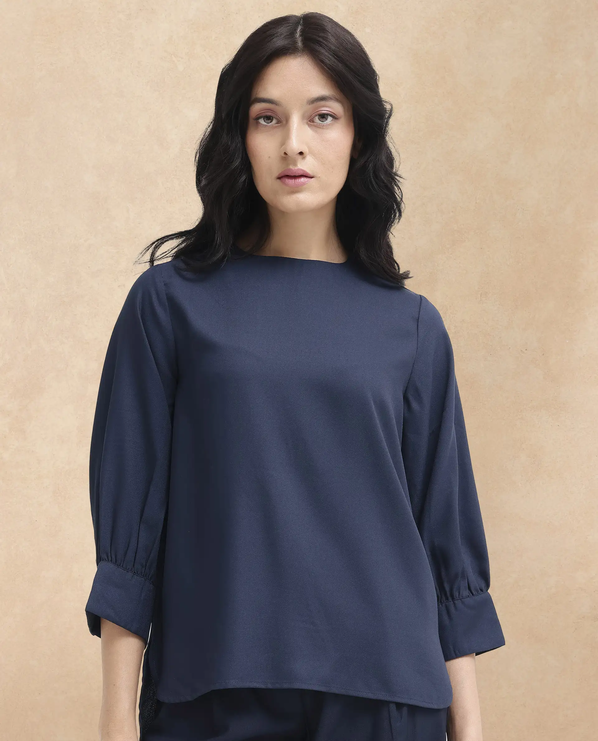 Rareism Women's Elara Navy Cotton Blend Mandarin Collar Plain Cuffed Sleeve Regular Fit Top - Image 3