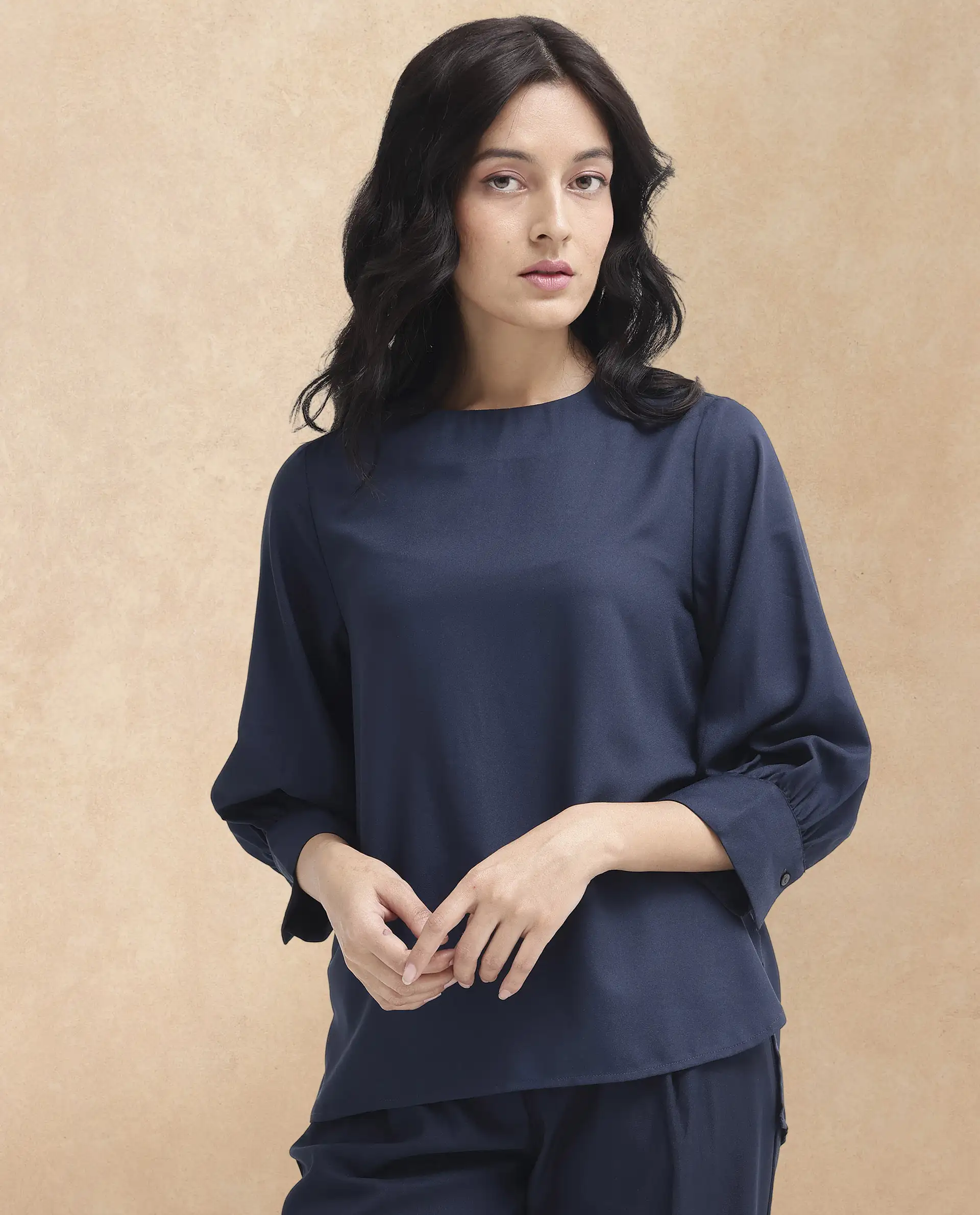 Rareism Women's Elara Navy Cotton Blend Mandarin Collar Plain Cuffed Sleeve Regular Fit Top - Image 4