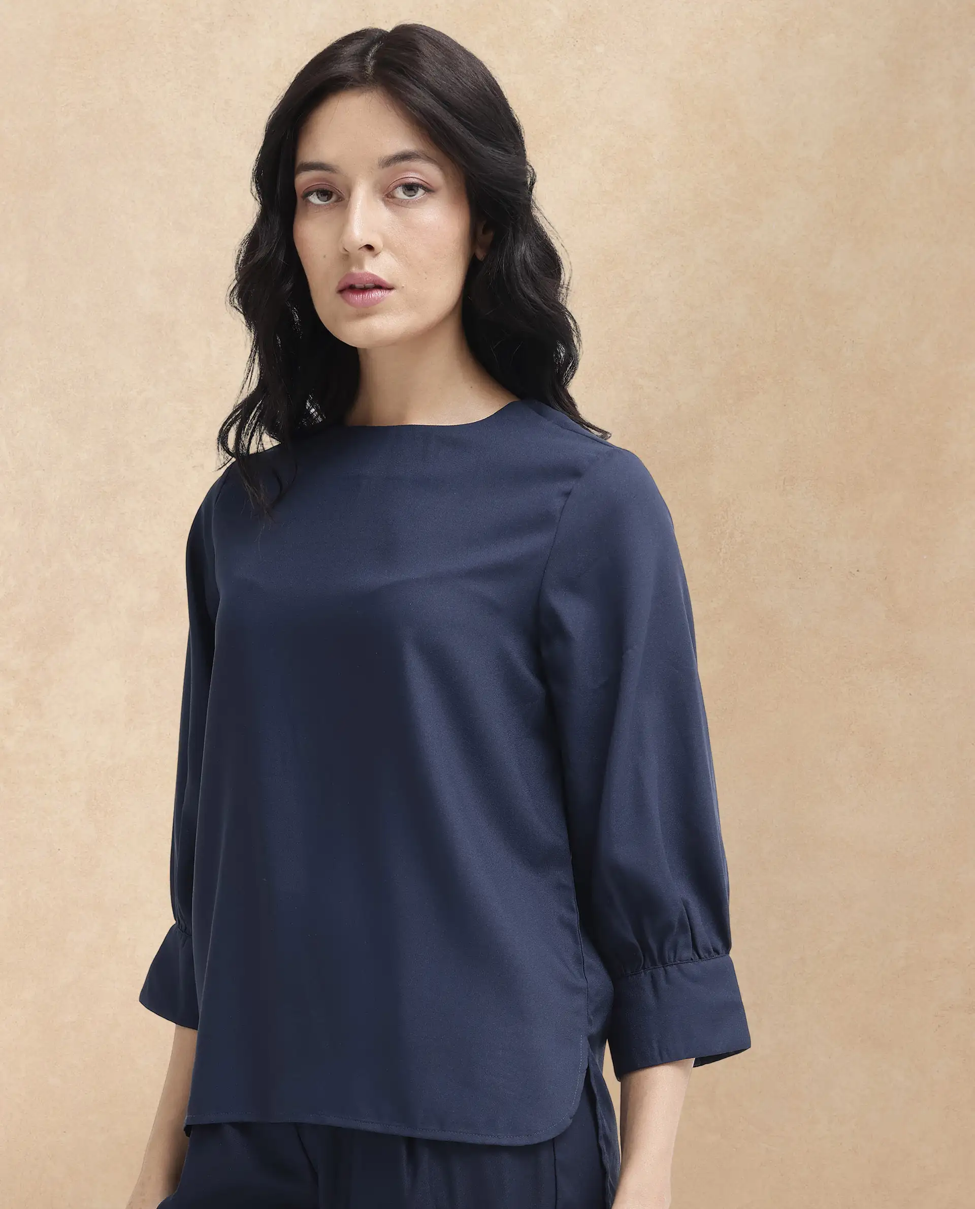 Rareism Women's Elara Navy Cotton Blend Mandarin Collar Plain Cuffed Sleeve Regular Fit Top - Image 5