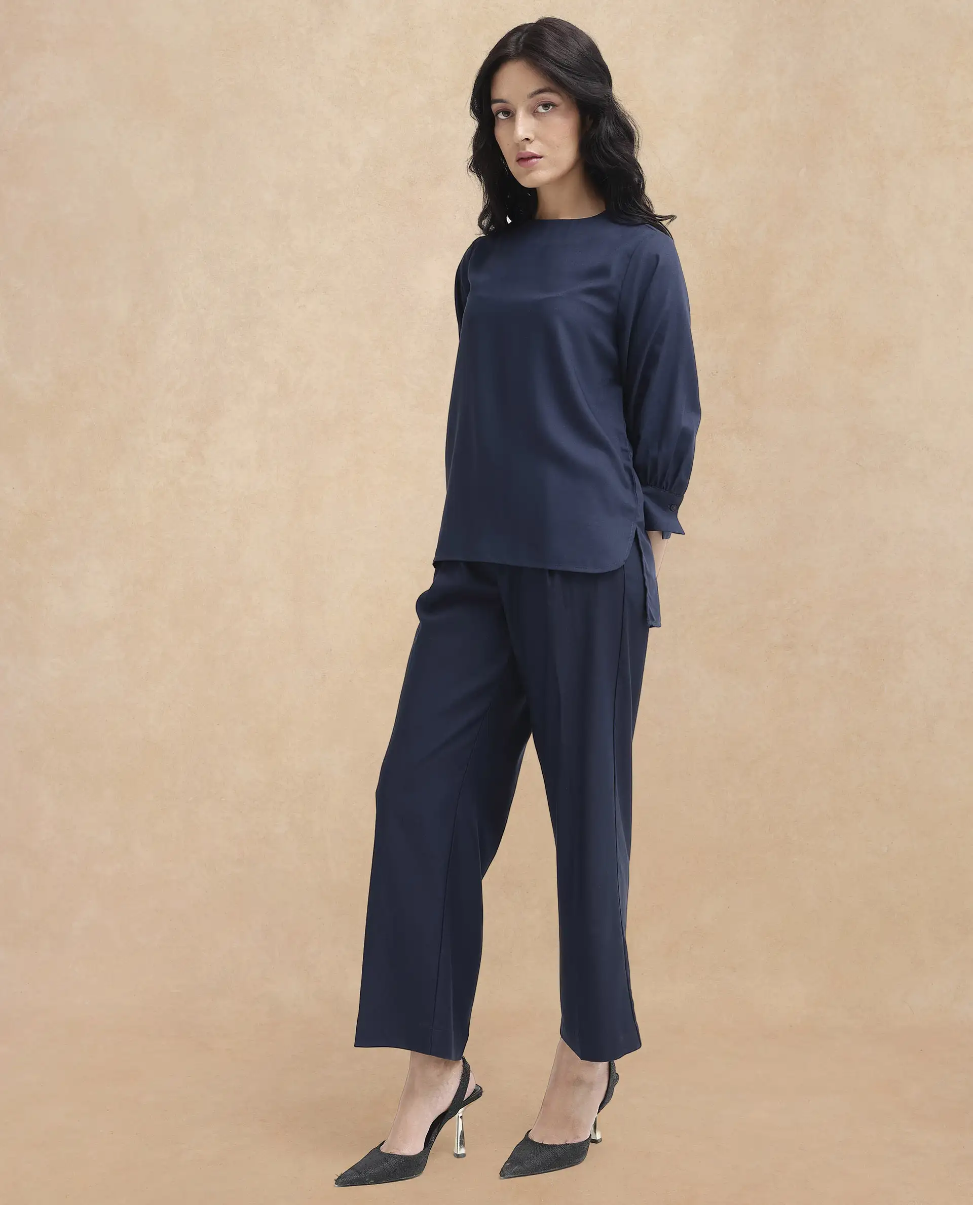 Rareism Women's Elara Navy Cotton Blend Mandarin Collar Plain Cuffed Sleeve Regular Fit Top - Image 6