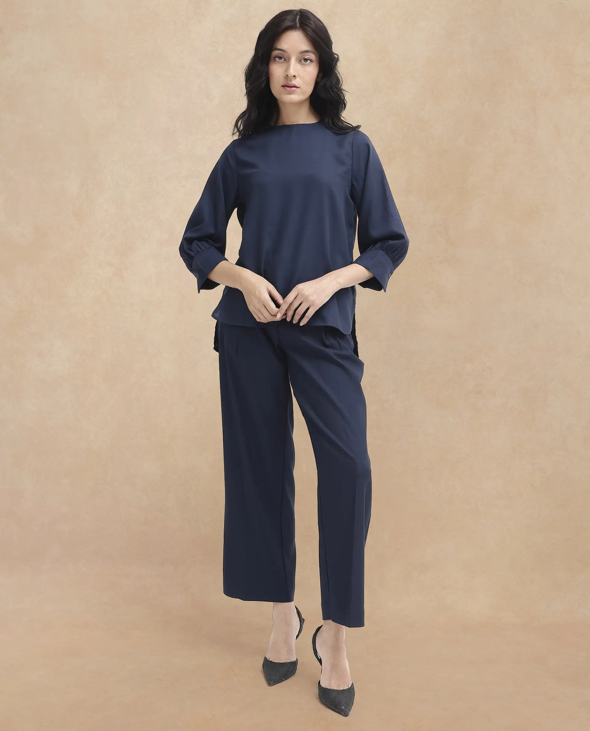 Rareism Women's Elara Navy Cotton Blend Mandarin Collar Plain Cuffed Sleeve Regular Fit Top - Image 7