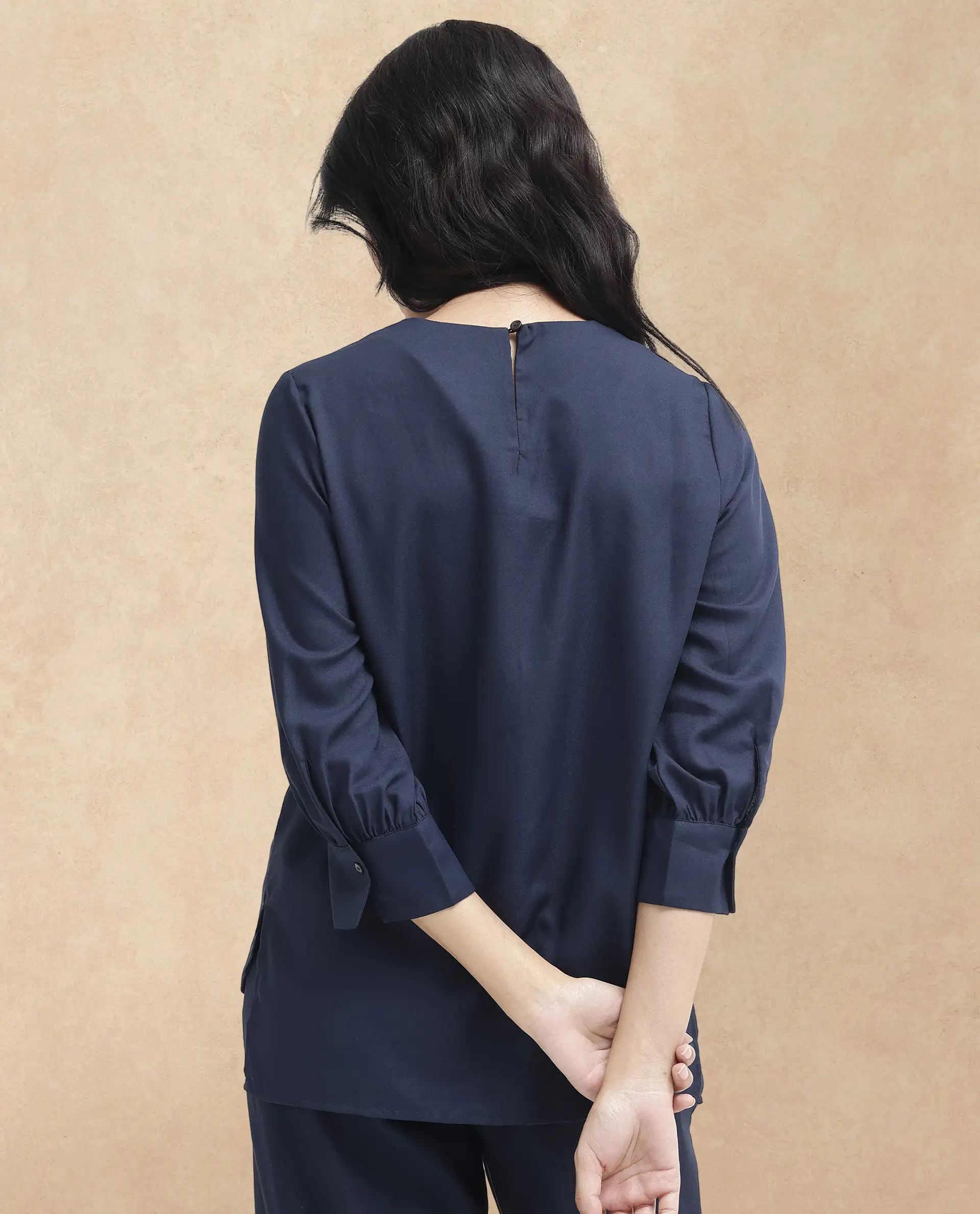 Rareism Women's Elara Navy Cotton Blend Mandarin Collar Plain Cuffed Sleeve Regular Fit Top - Image 8