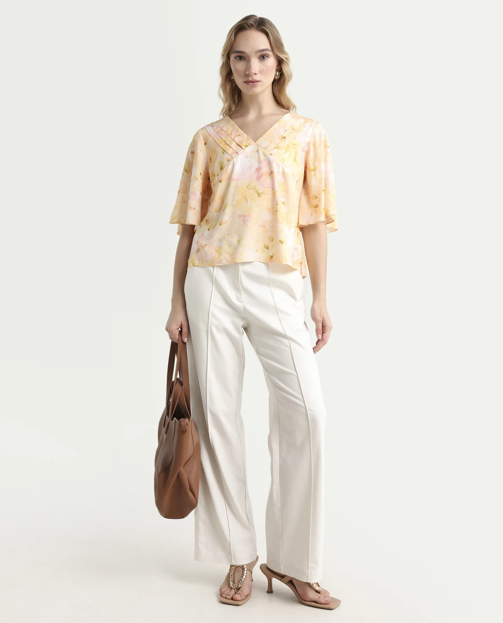 Rareism Women's Elara Yellow Viscose V-Neck Regular Fit Top - Image 2
