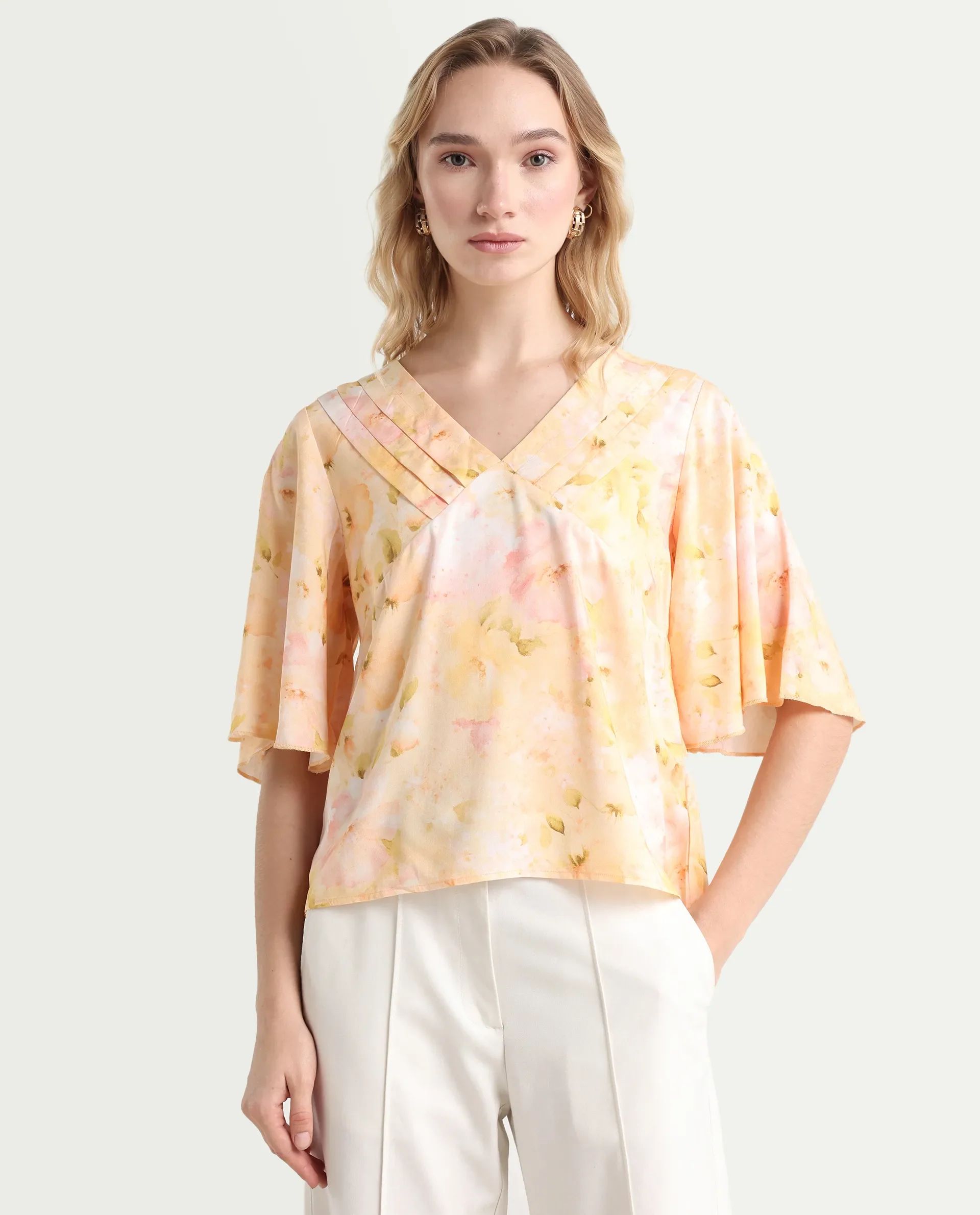 Rareism Women's Elara Yellow Viscose V-Neck Regular Fit Top - Image 3