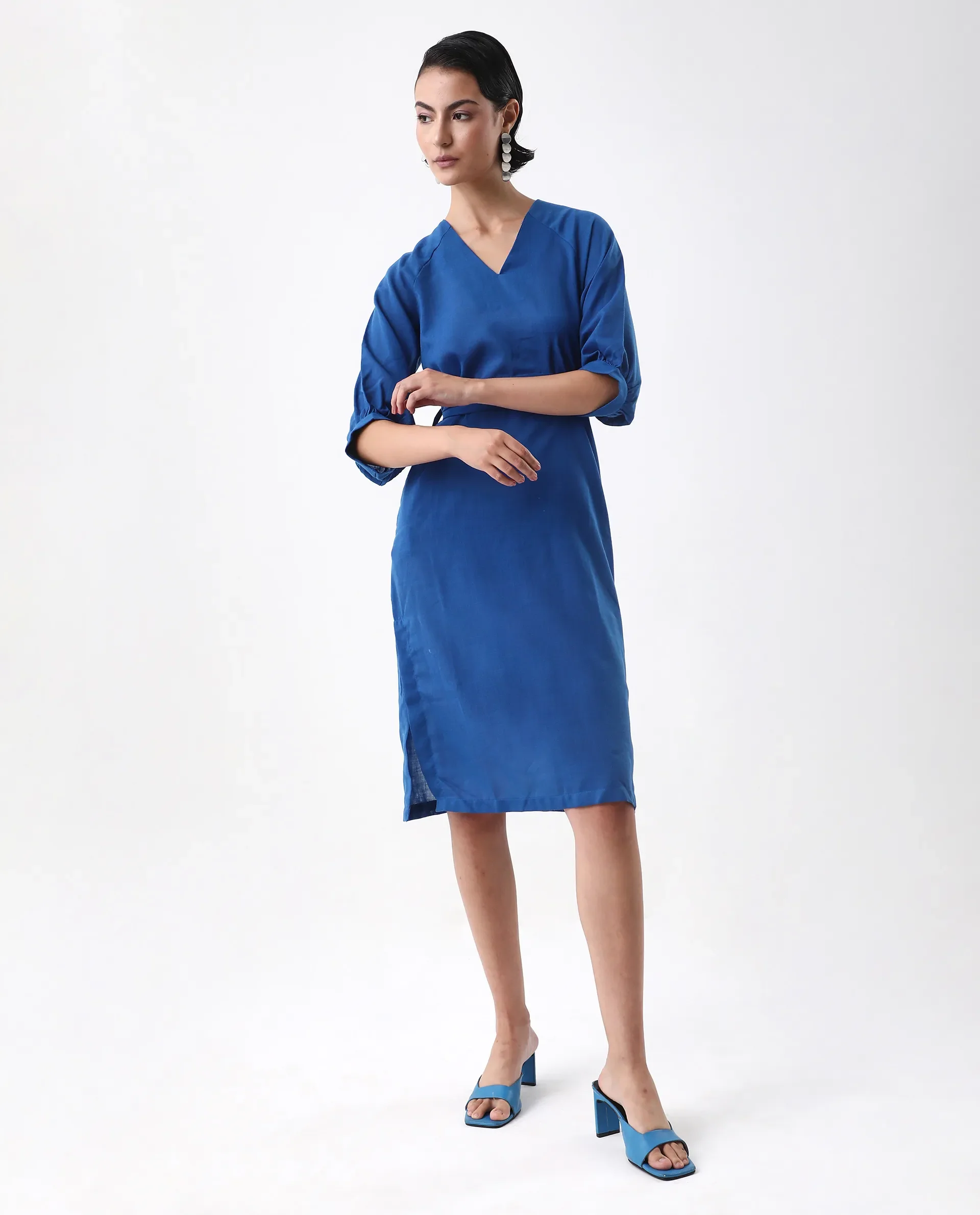 Rareism Women's Elarat Dark Blue Linen V-Neck Plain Bishop Sleeve Midi A-Line Dress - Image 2