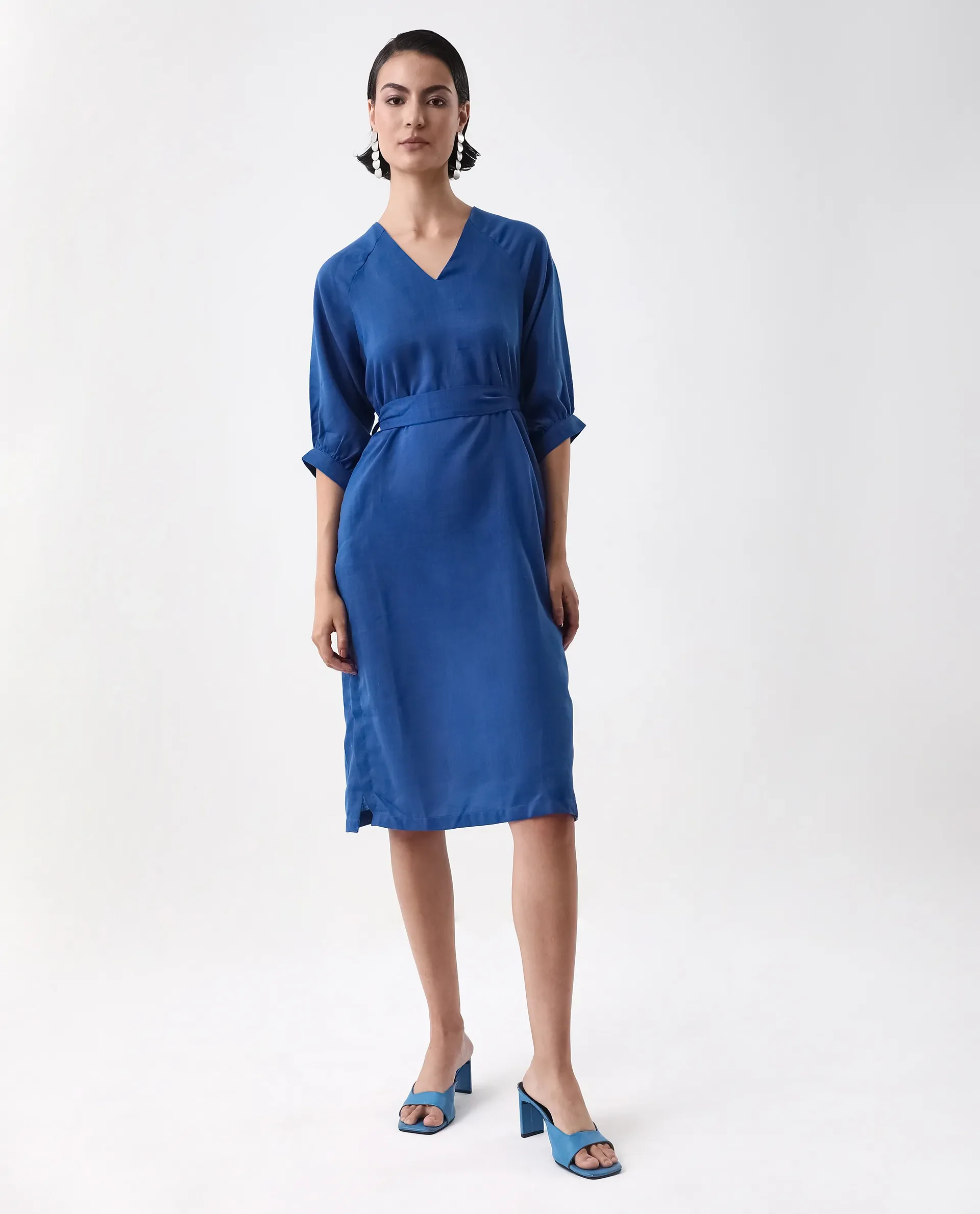 Rareism Women's Elarat Dark Blue Linen V-Neck Plain Bishop Sleeve Midi A-Line Dress - Image 3