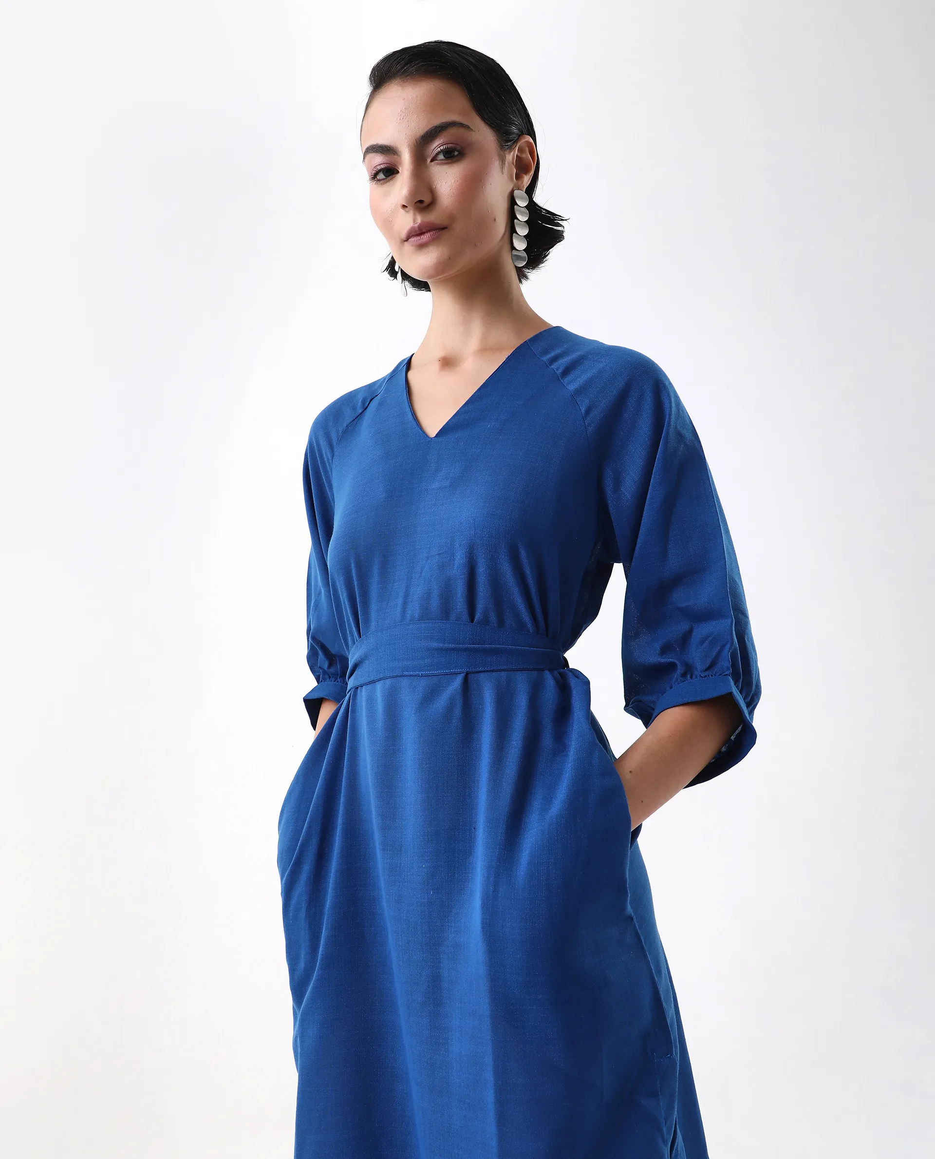 Rareism Women's Elarat Dark Blue Linen V-Neck Plain Bishop Sleeve Midi A-Line Dress - Image 4