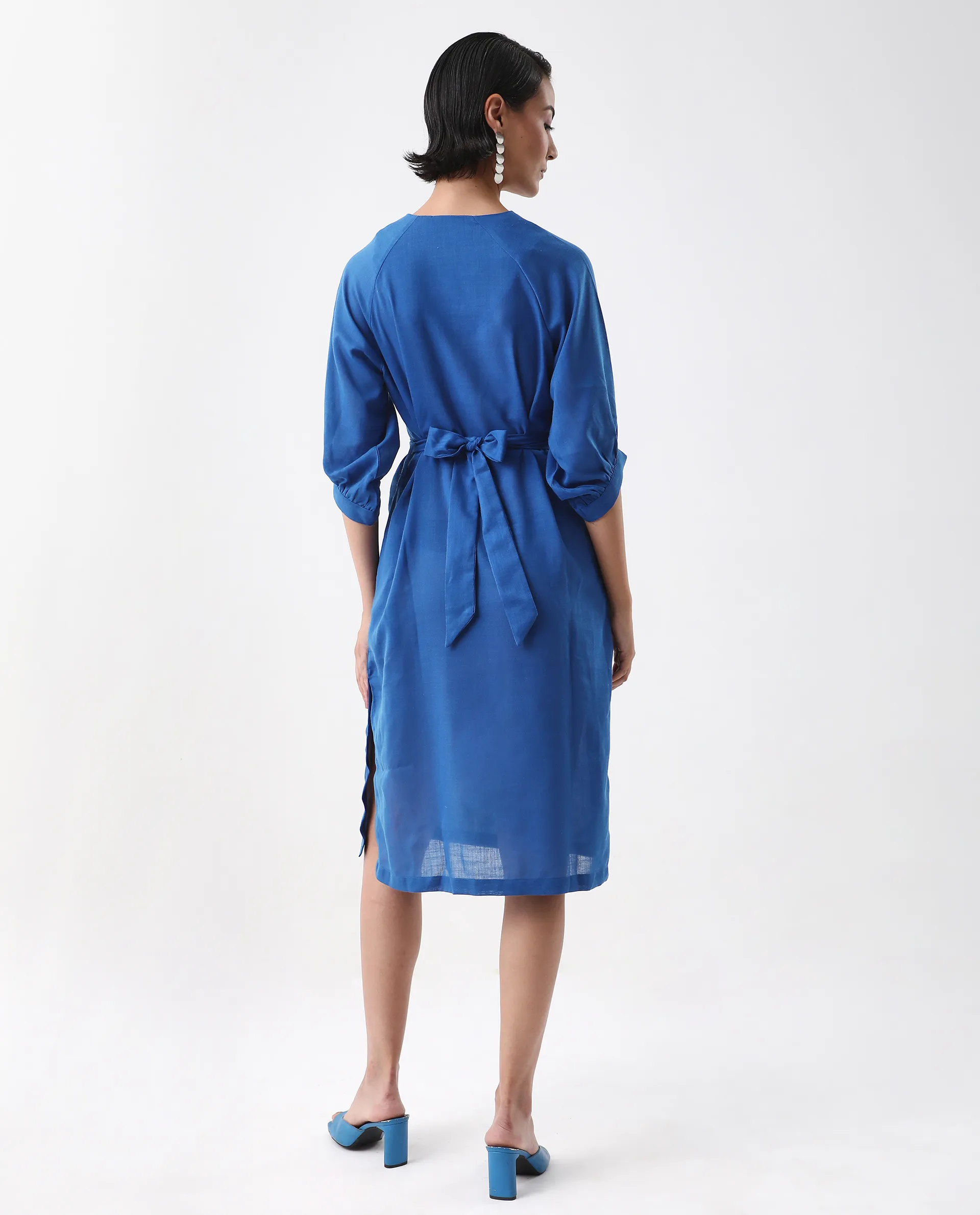 Rareism Women's Elarat Dark Blue Linen V-Neck Plain Bishop Sleeve Midi A-Line Dress - Image 6