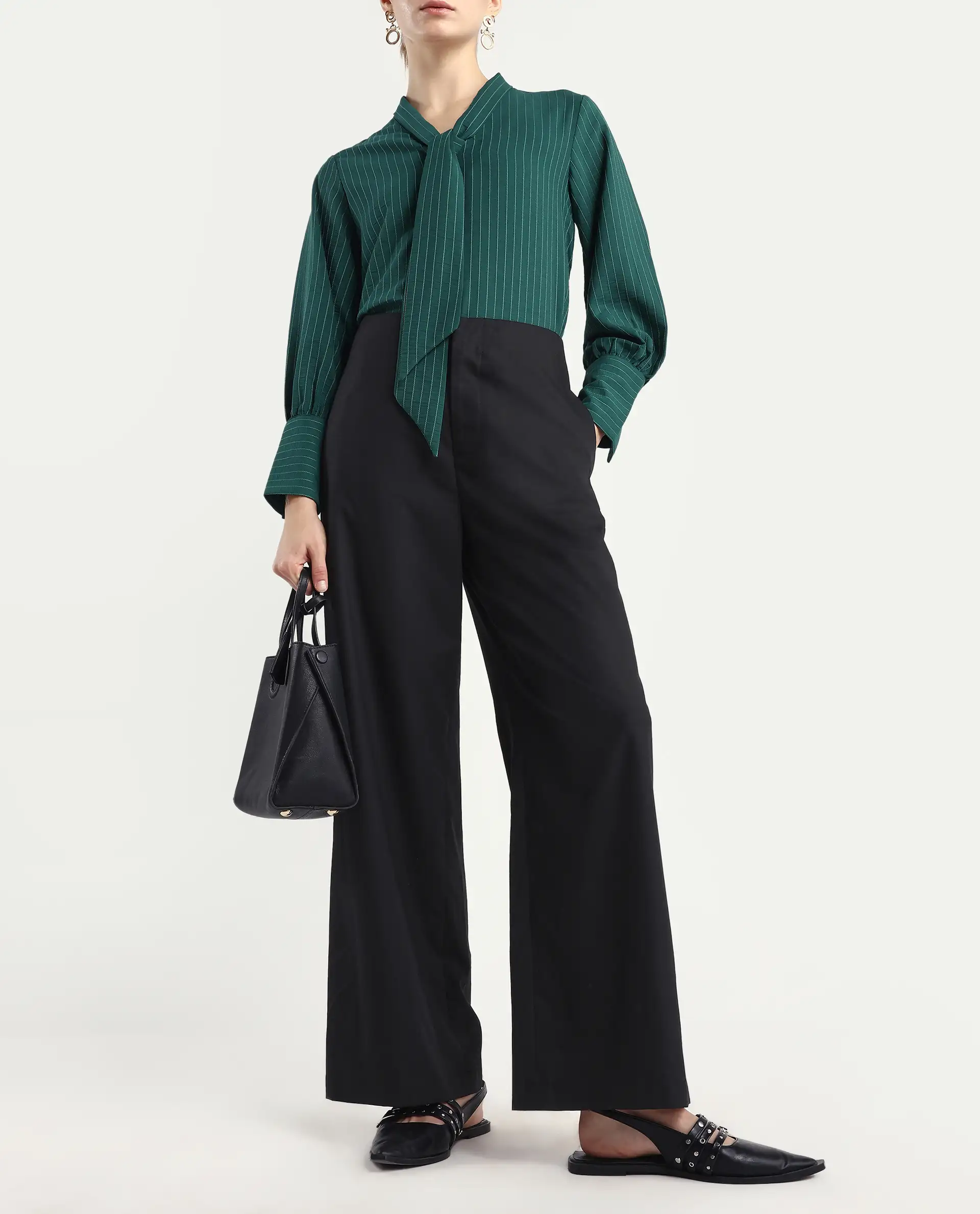Rareism Women Elary Black Viscose Blend Button Closure Wide Leg Fit Plain Trouser - Image 2