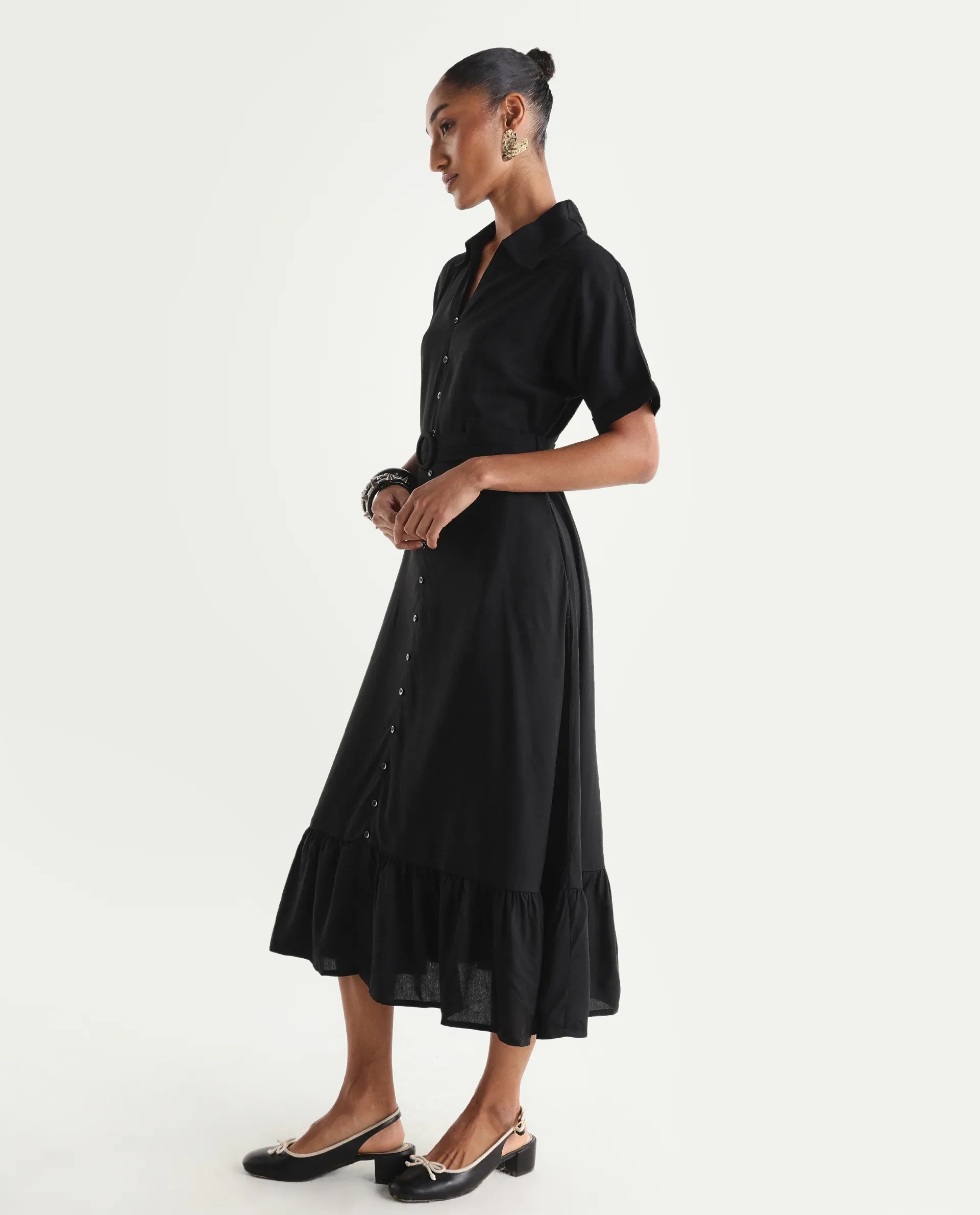 Rareism Women's Elate Black Viscose Half Sleeve A-Line Plain Dress