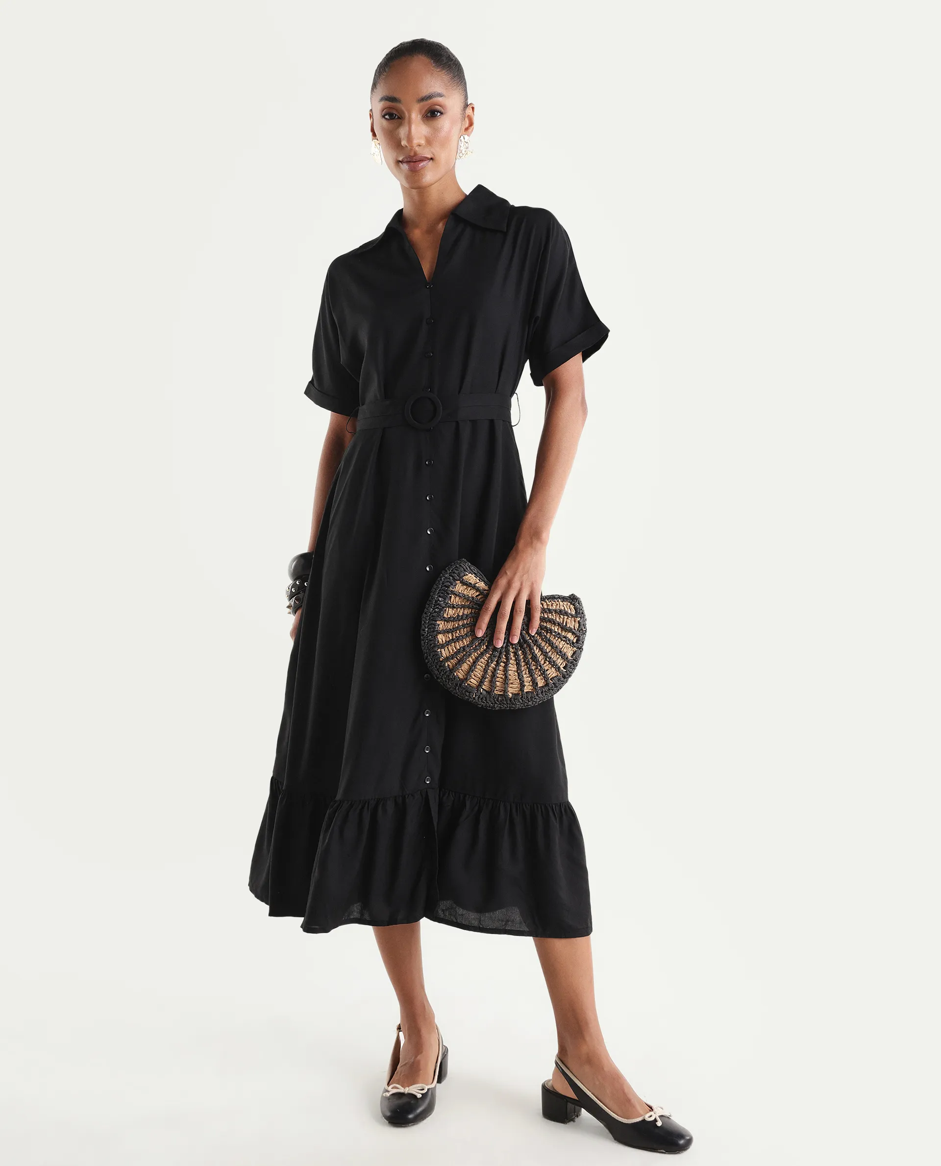 Rareism Women's Elate Black Viscose Half Sleeve A-Line Plain Dress - Image 2
