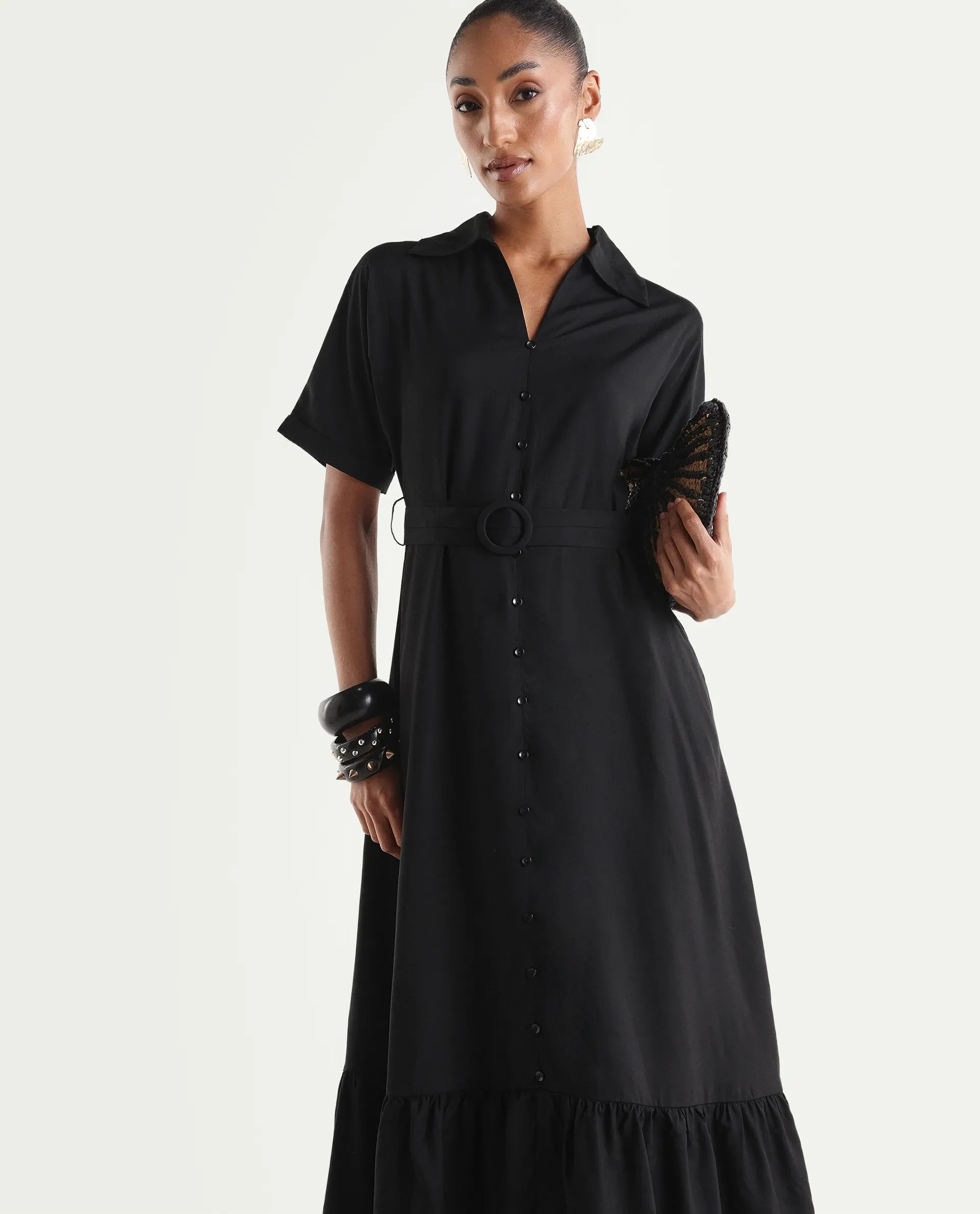 Rareism Women's Elate Black Viscose Half Sleeve A-Line Plain Dress - Image 3