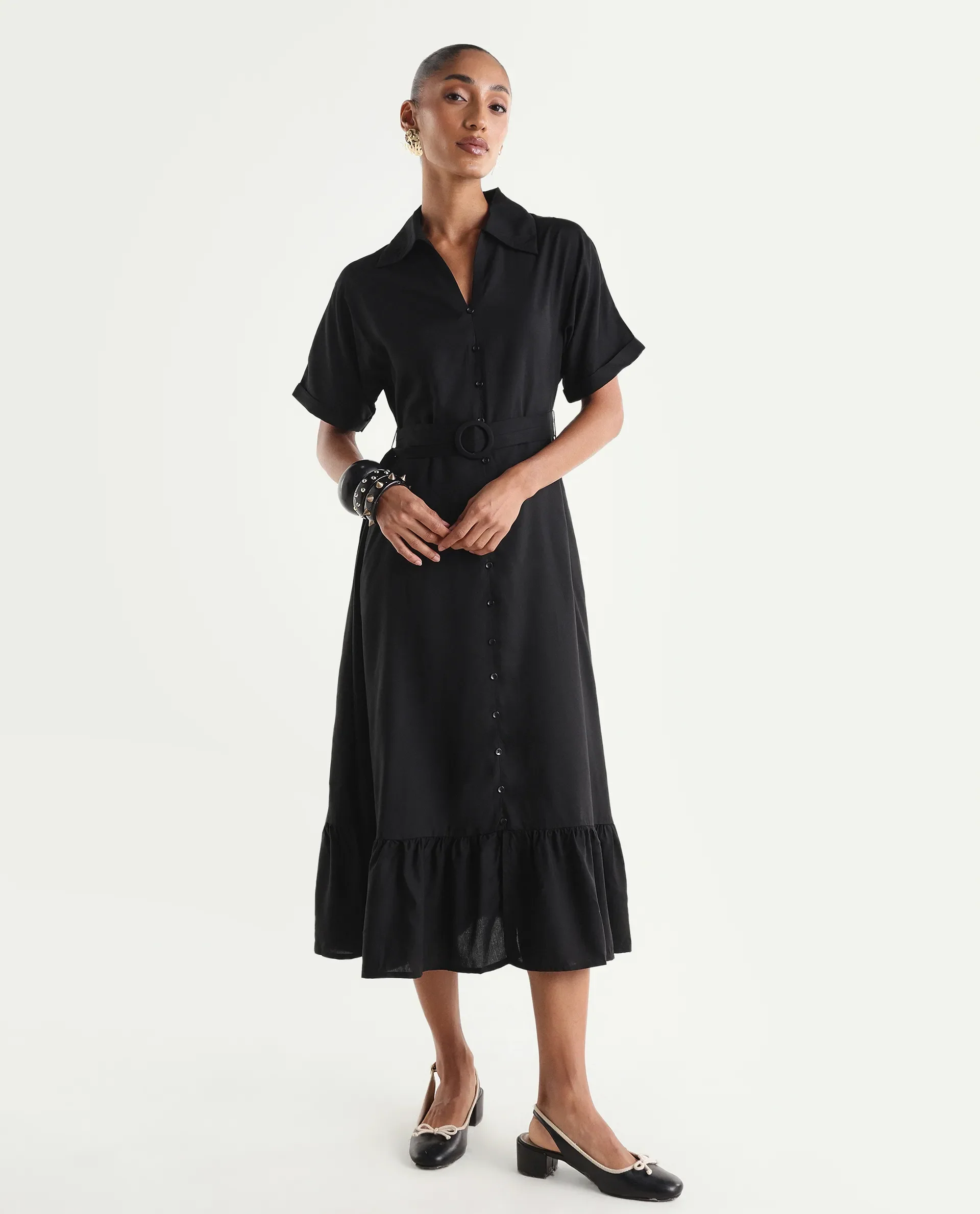 Rareism Women's Elate Black Viscose Half Sleeve A-Line Plain Dress - Image 4