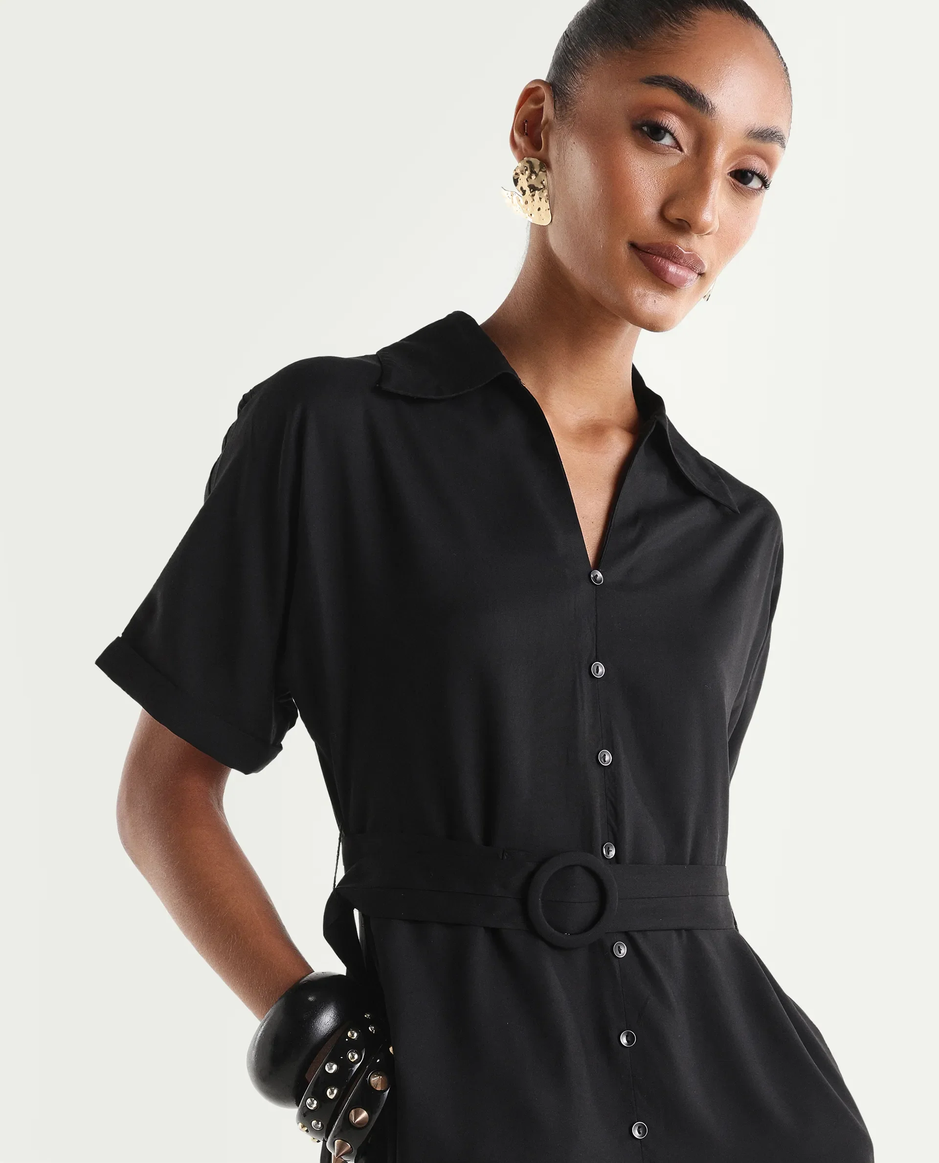 Rareism Women's Elate Black Viscose Half Sleeve A-Line Plain Dress - Image 5