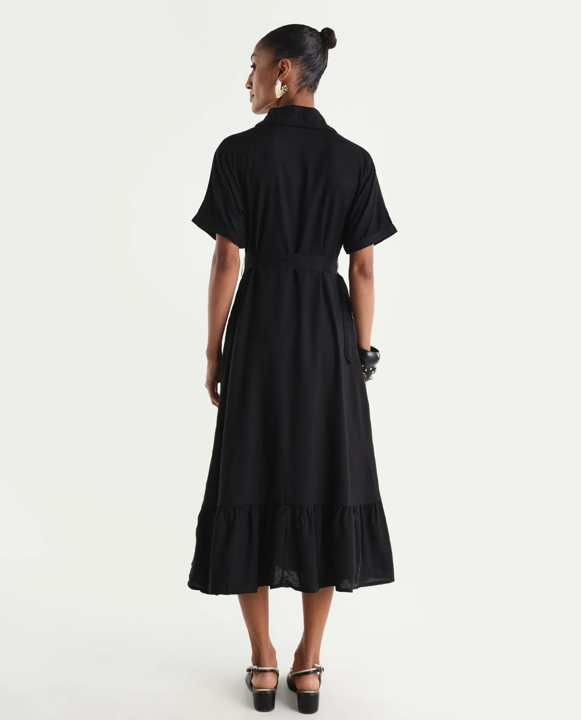 Rareism Women's Elate Black Viscose Half Sleeve A-Line Plain Dress - Image 6