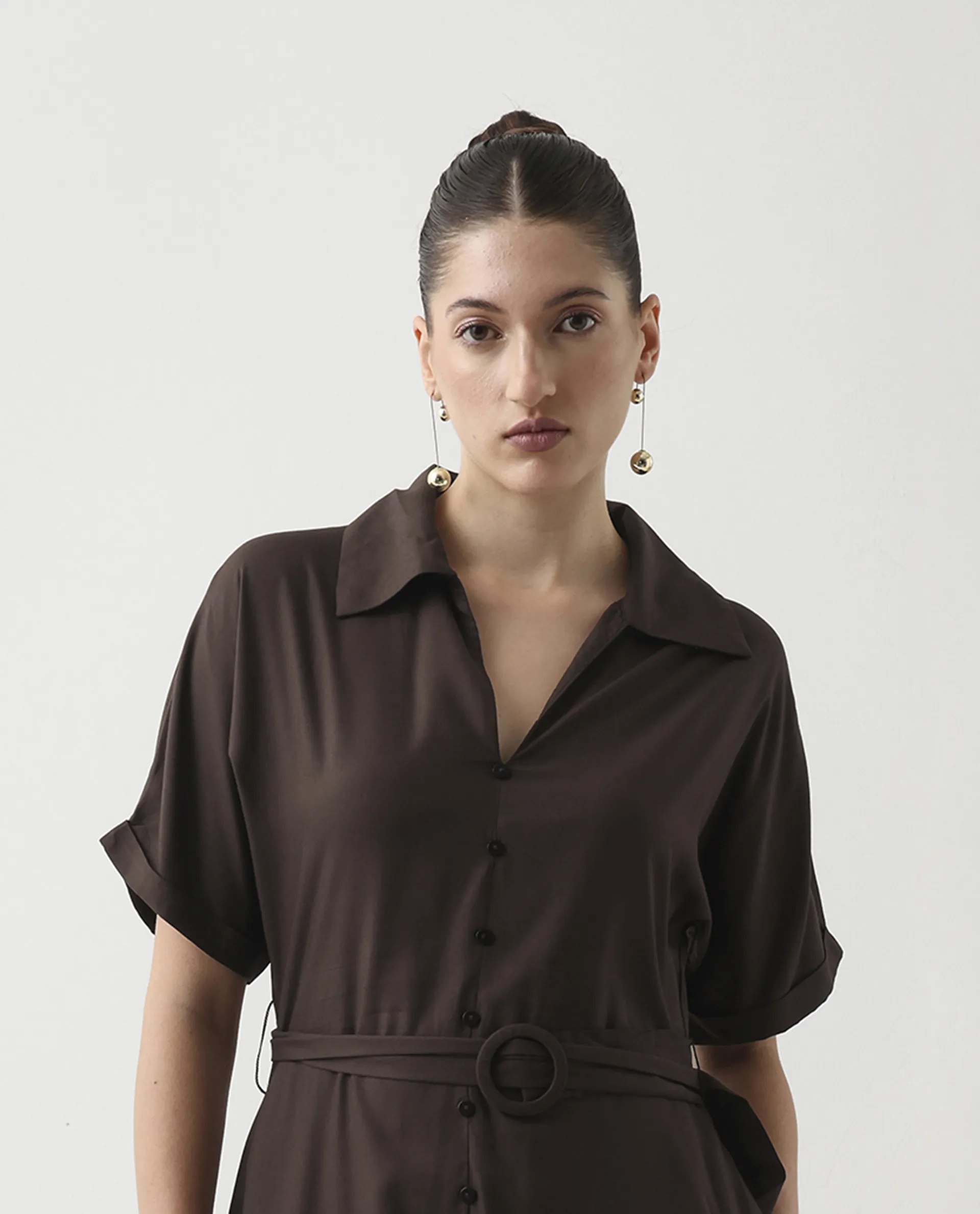Rareism Women's Elate Brown Viscose Johnny Collar A-Line Plain Midi Dress - Image 3
