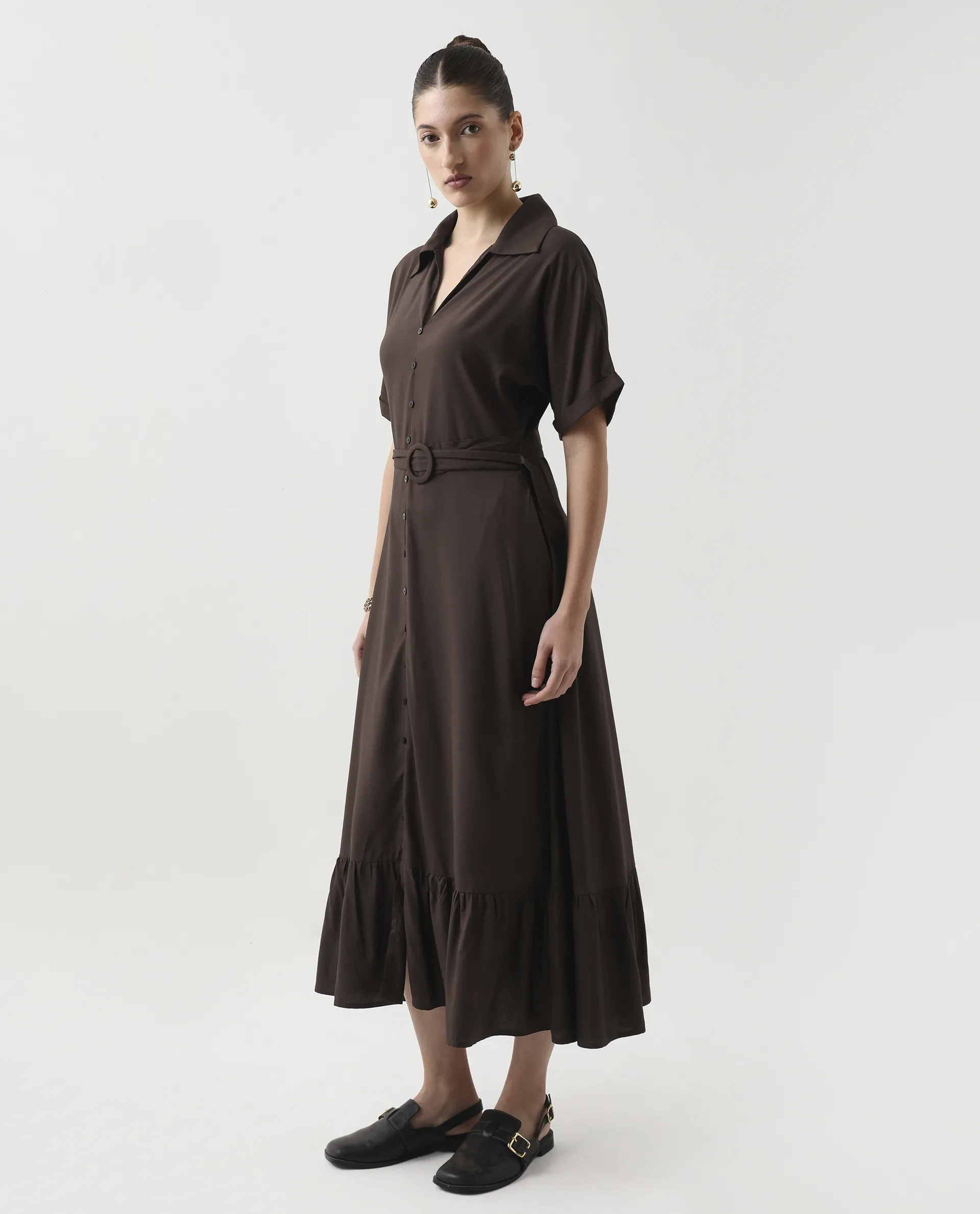 Rareism Women's Elate Brown Viscose Johnny Collar A-Line Plain Midi Dress - Image 4