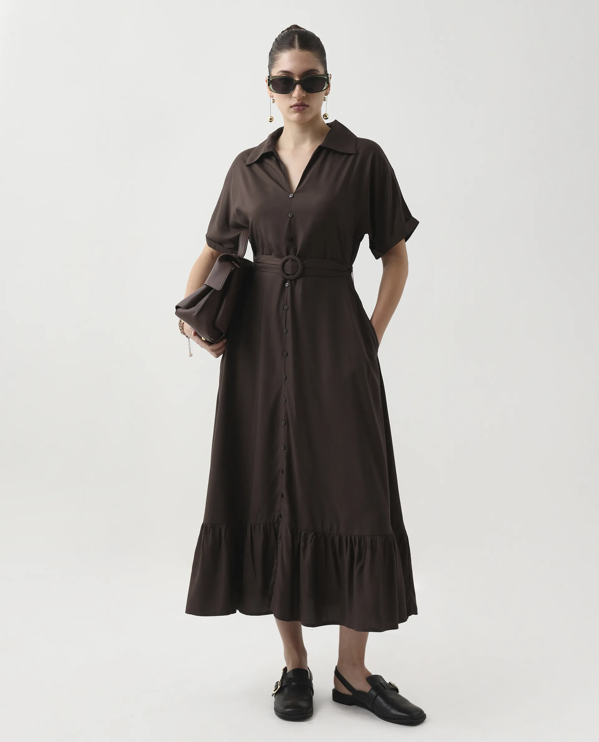 Rareism Women's Elate Brown Viscose Johnny Collar A-Line Plain Midi Dress - Image 6