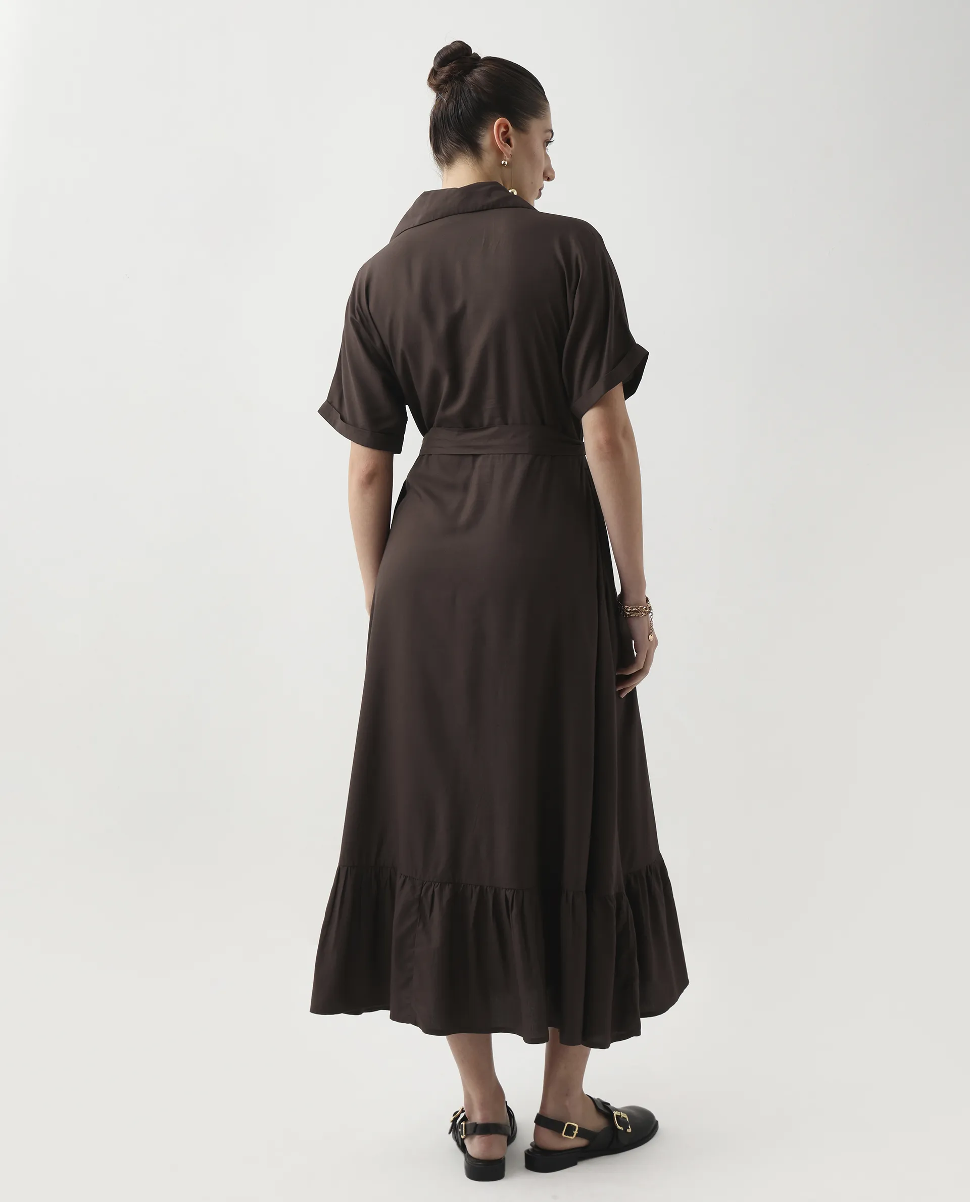 Rareism Women's Elate Brown Viscose Johnny Collar A-Line Plain Midi Dress - Image 7