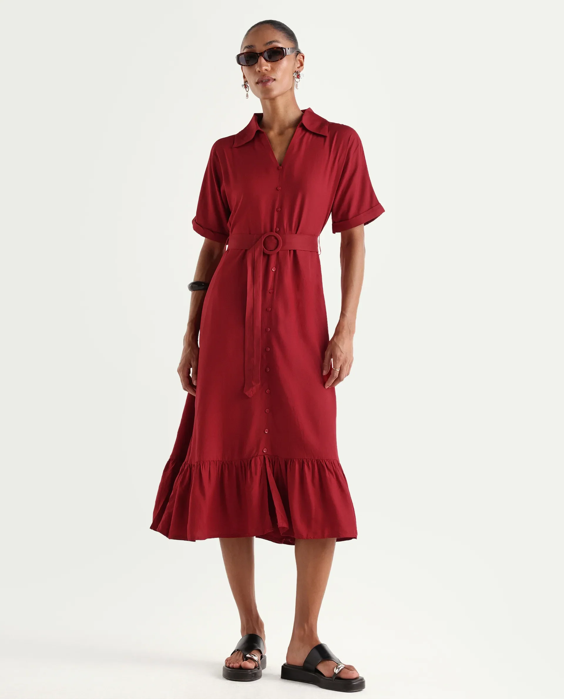 Rareism Women's Elate Red Viscose Half Sleeve A-Line Plain Dress - Image 2