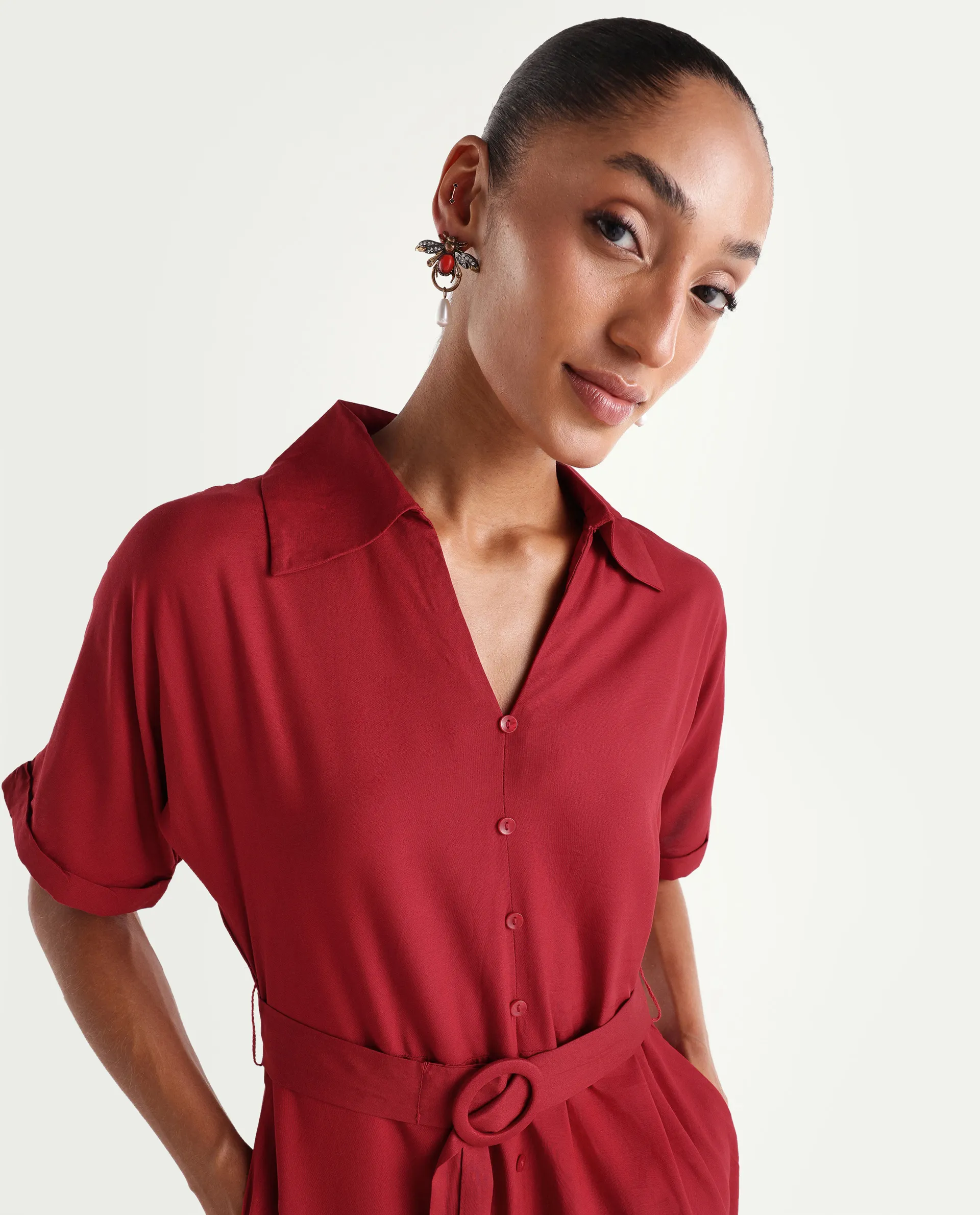 Rareism Women's Elate Red Viscose Half Sleeve A-Line Plain Dress - Image 3