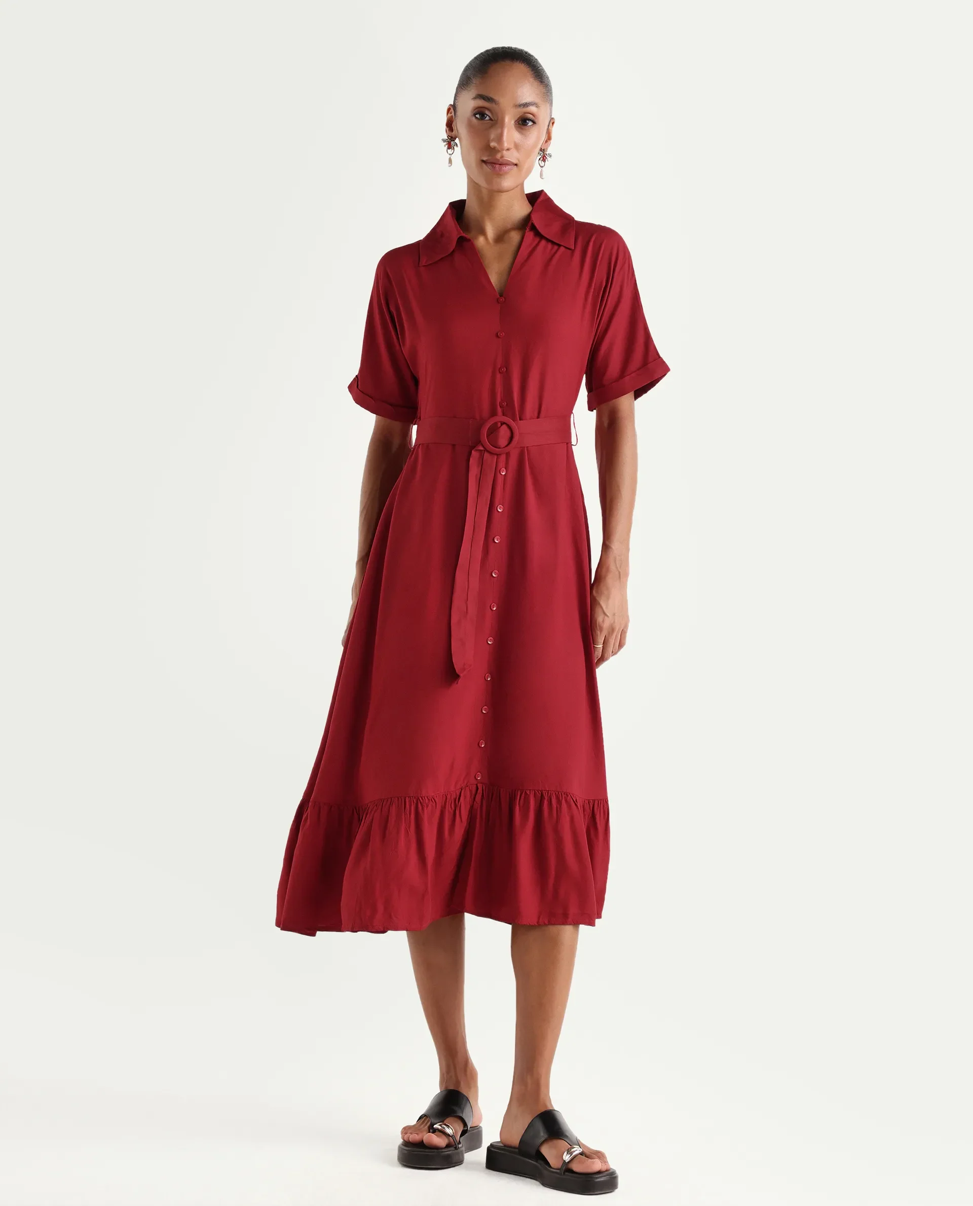 Rareism Women's Elate Red Viscose Half Sleeve A-Line Plain Dress - Image 4