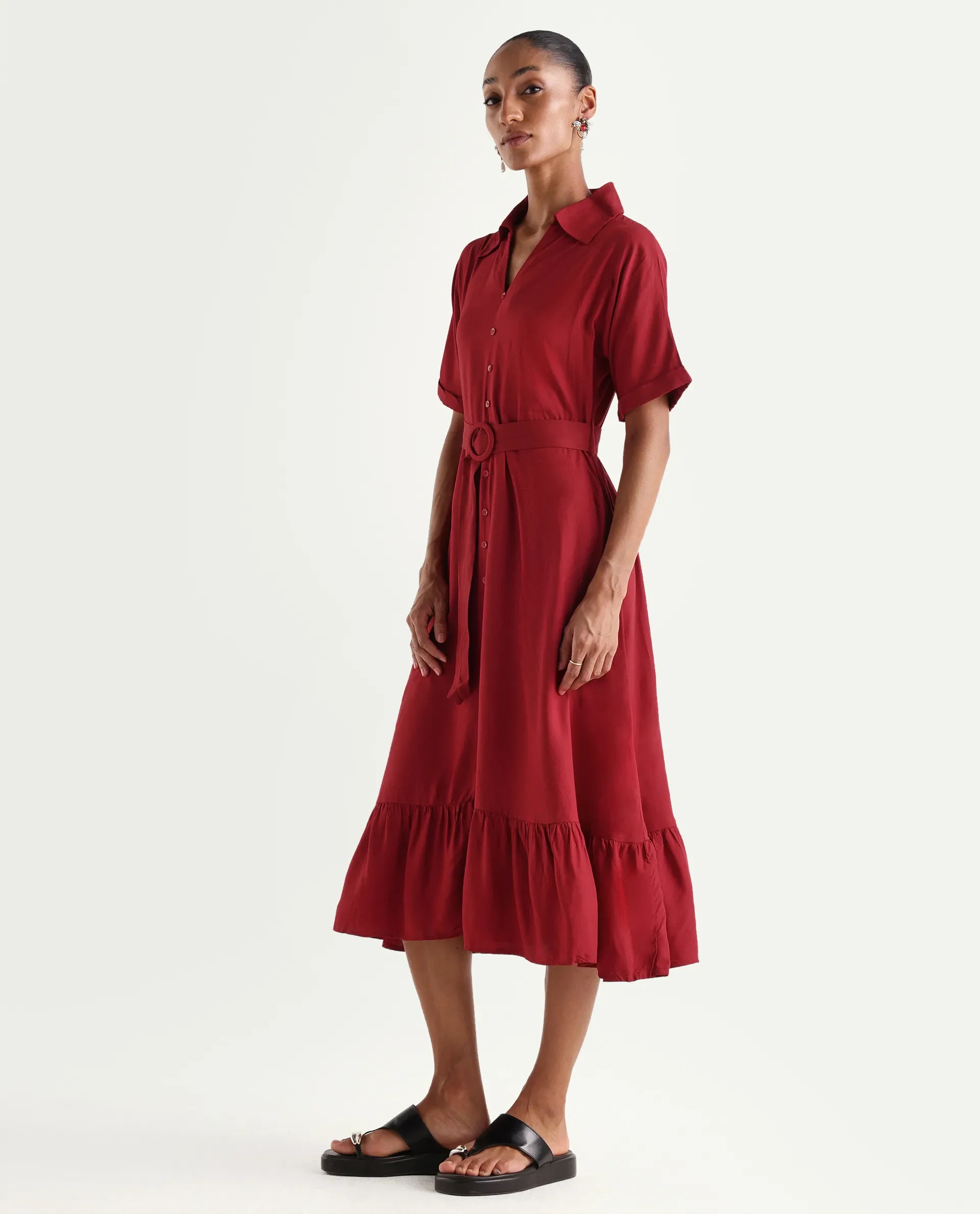 Rareism Women's Elate Red Viscose Half Sleeve A-Line Plain Dress - Image 5