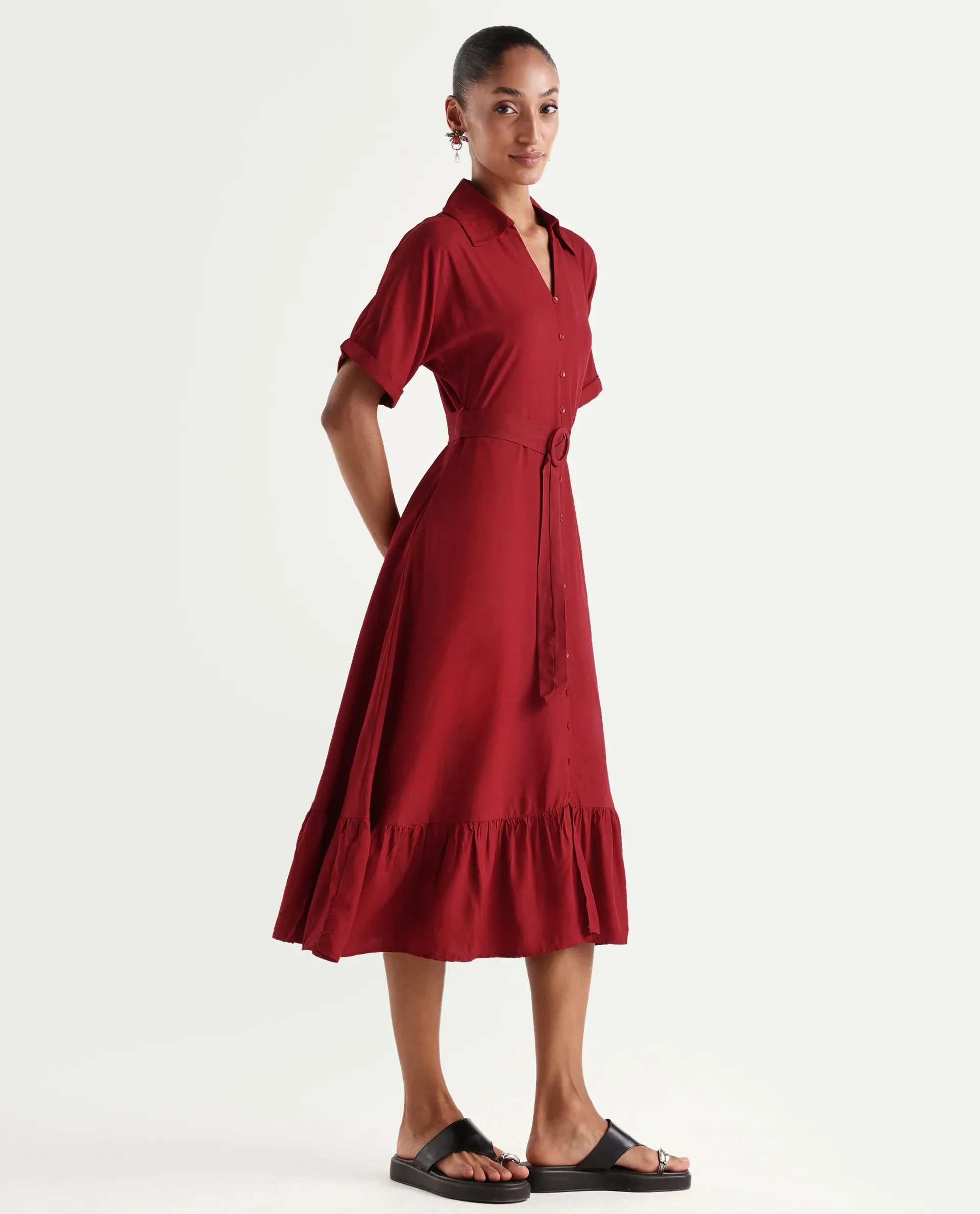 Rareism Women's Elate Red Viscose Half Sleeve A-Line Plain Dress - Image 6