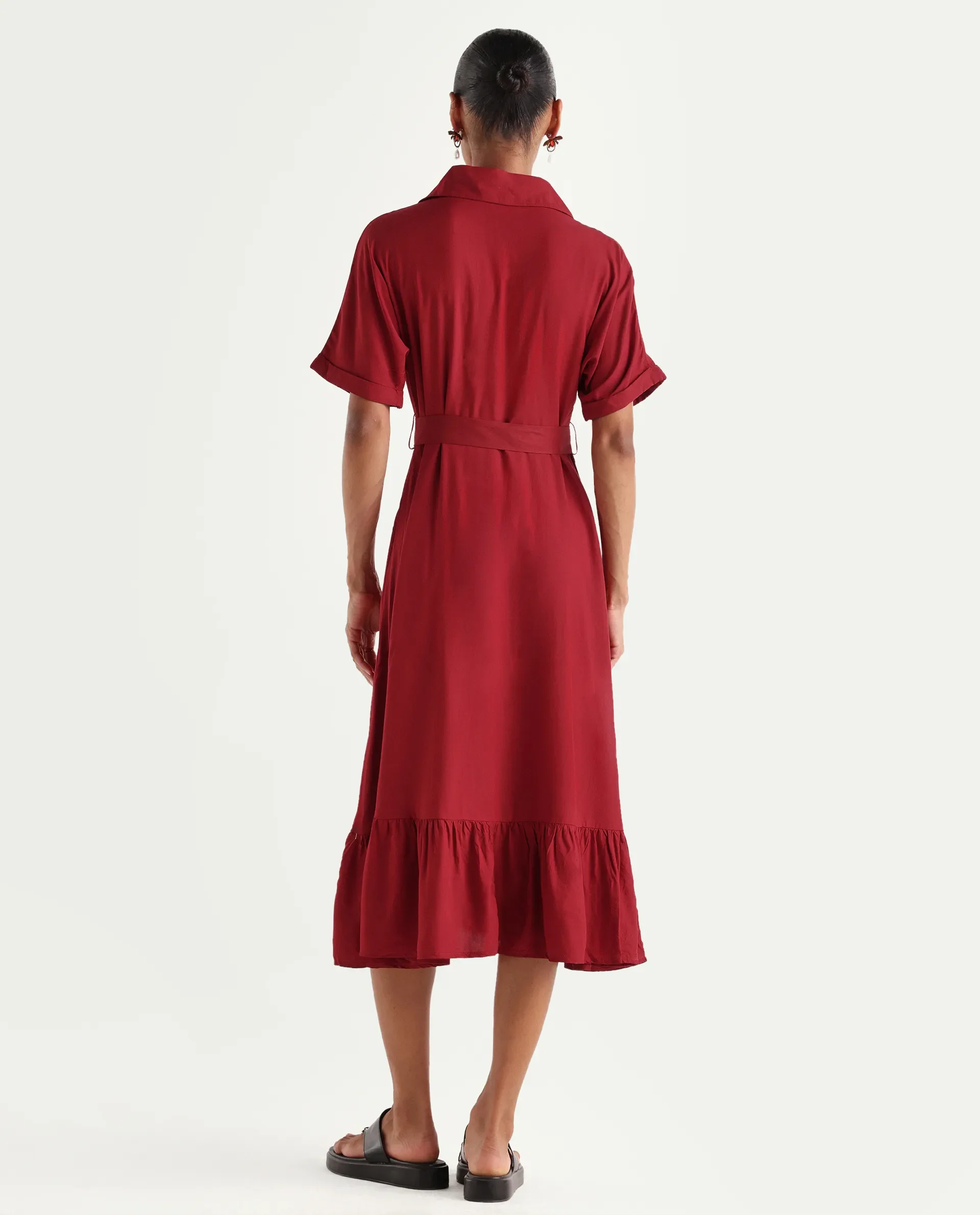 Rareism Women's Elate Red Viscose Half Sleeve A-Line Plain Dress - Image 7