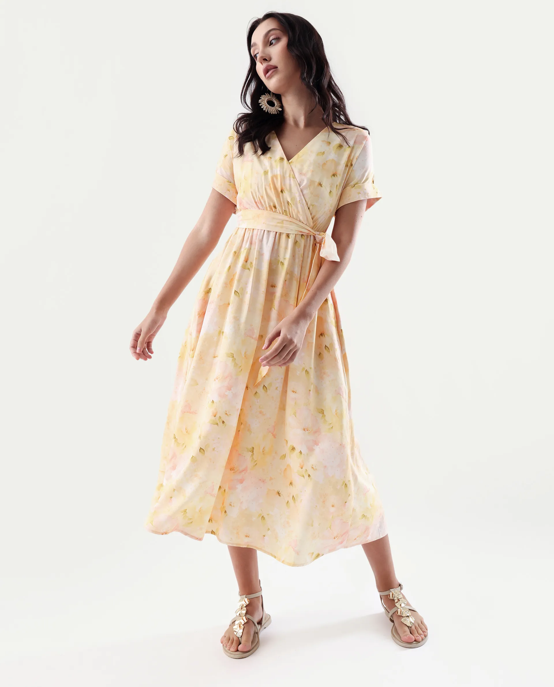 Rareism Women's Elavi Yellow Viscose Overlap Neck Flared Printed Midi Dress