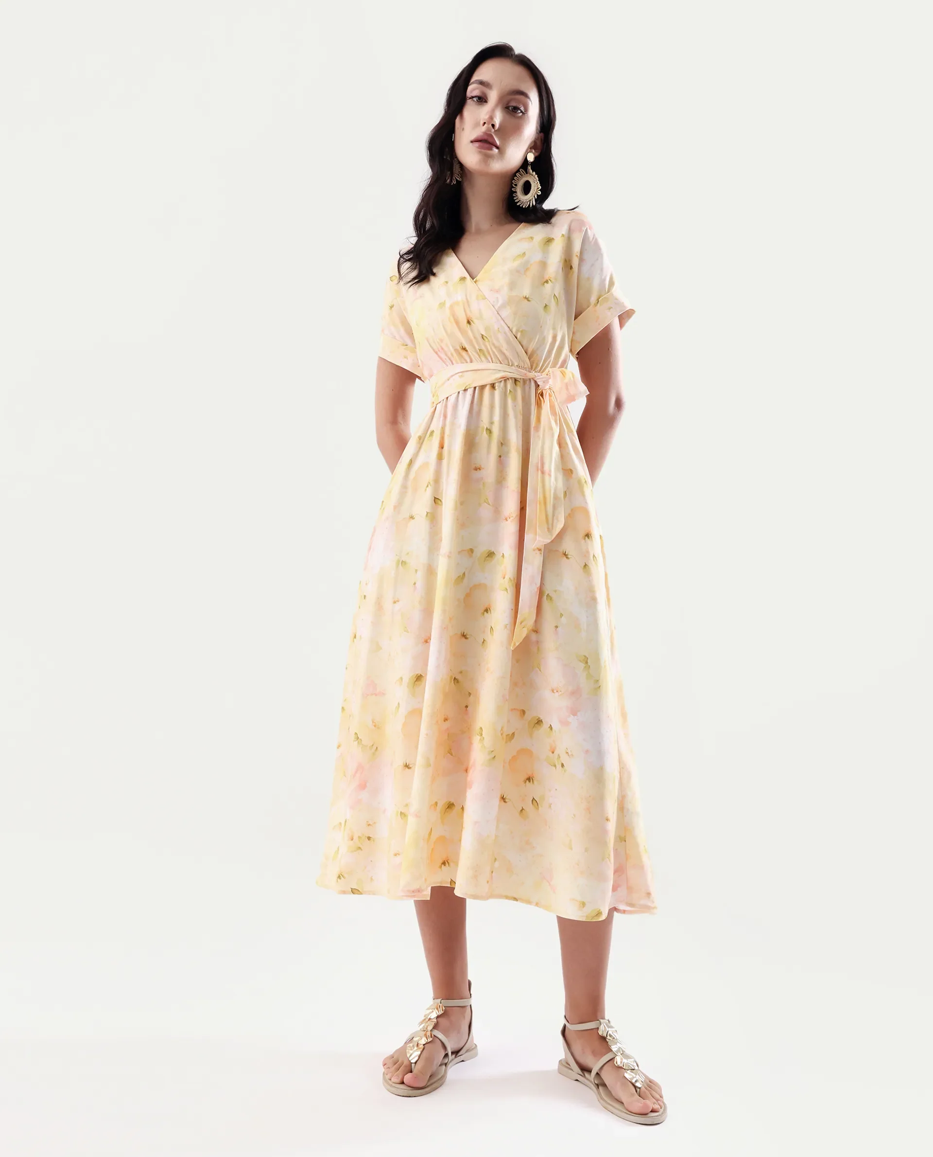 Rareism Women's Elavi Yellow Viscose Overlap Neck Flared Printed Midi Dress - Image 2