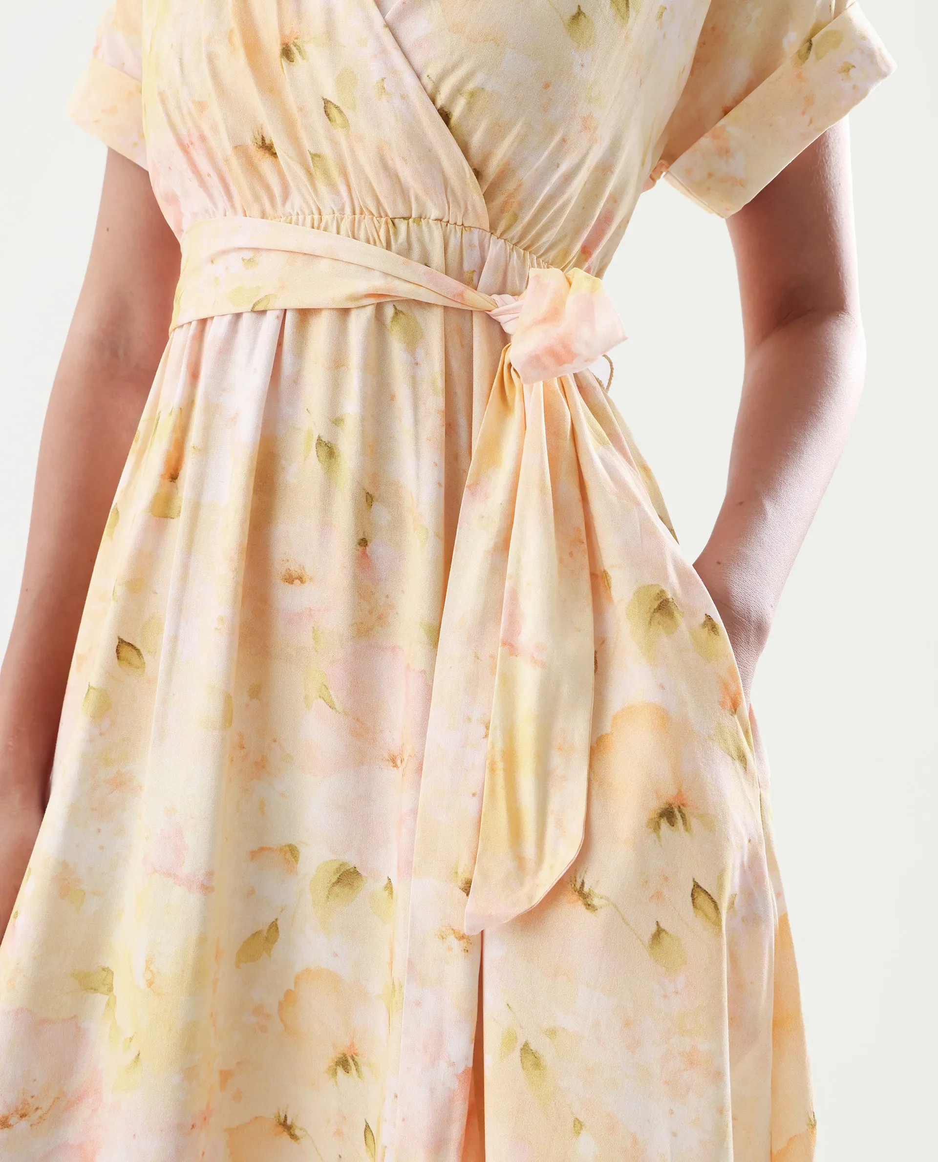 Rareism Women's Elavi Yellow Viscose Overlap Neck Flared Printed Midi Dress - Image 5