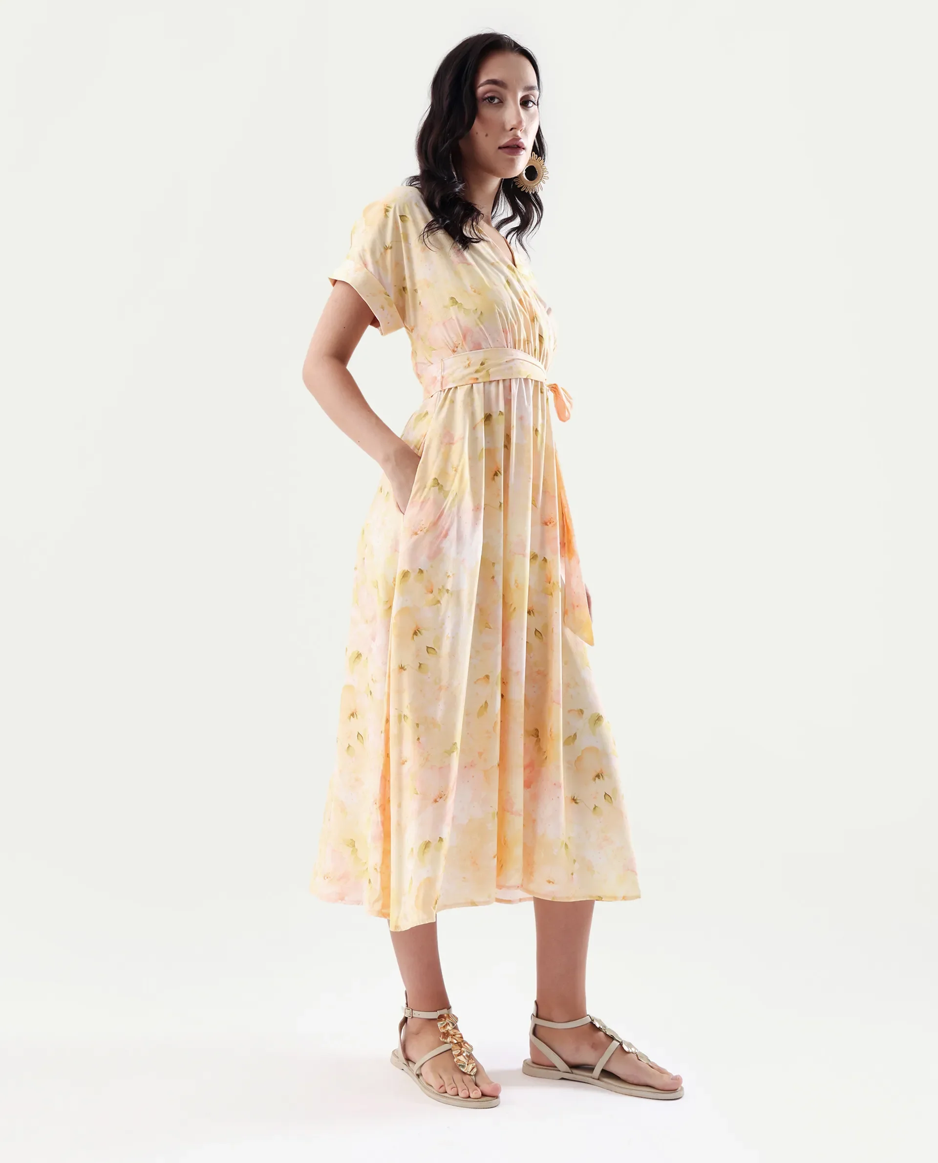 Rareism Women's Elavi Yellow Viscose Overlap Neck Flared Printed Midi Dress - Image 6