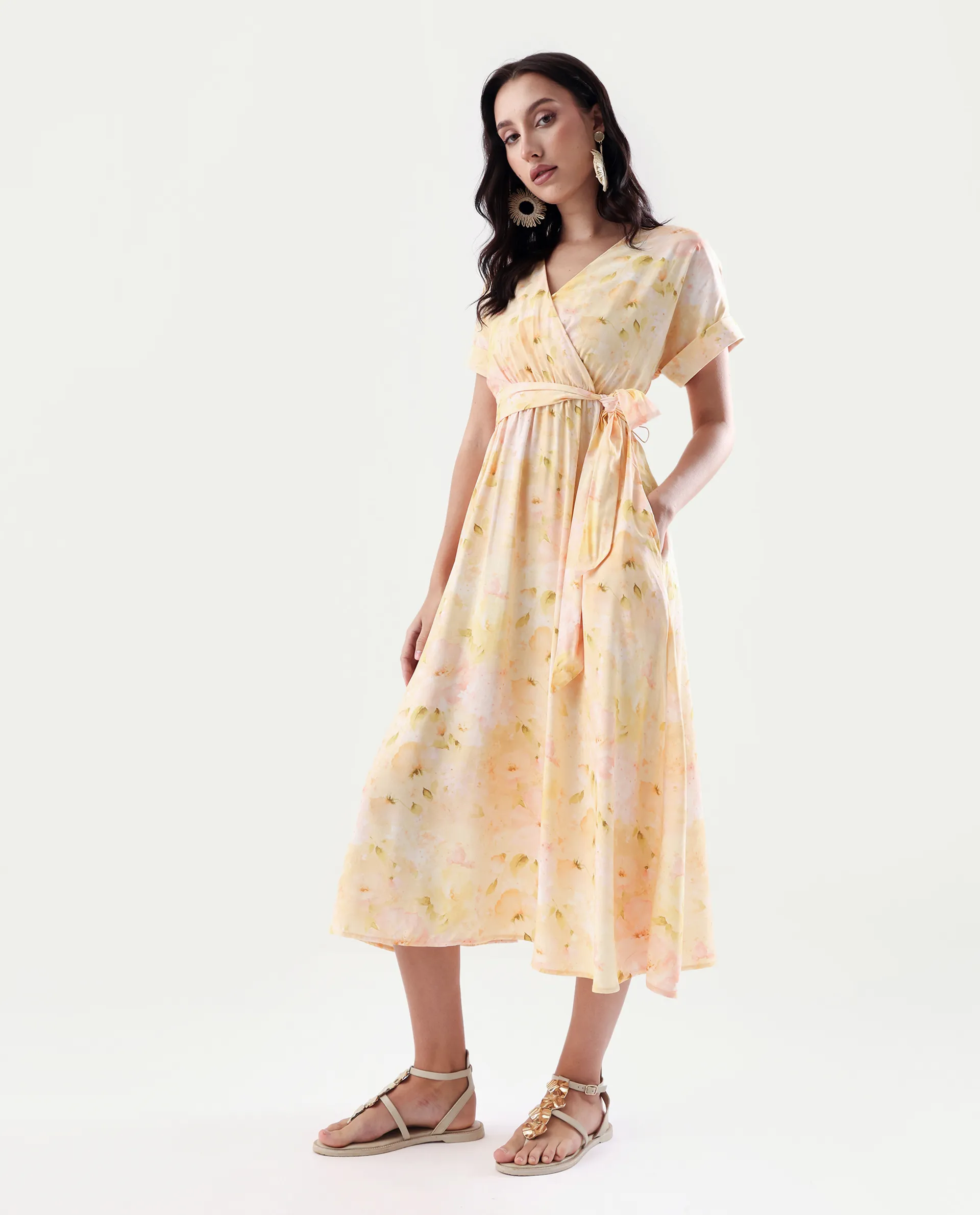 Rareism Women's Elavi Yellow Viscose Overlap Neck Flared Printed Midi Dress - Image 7