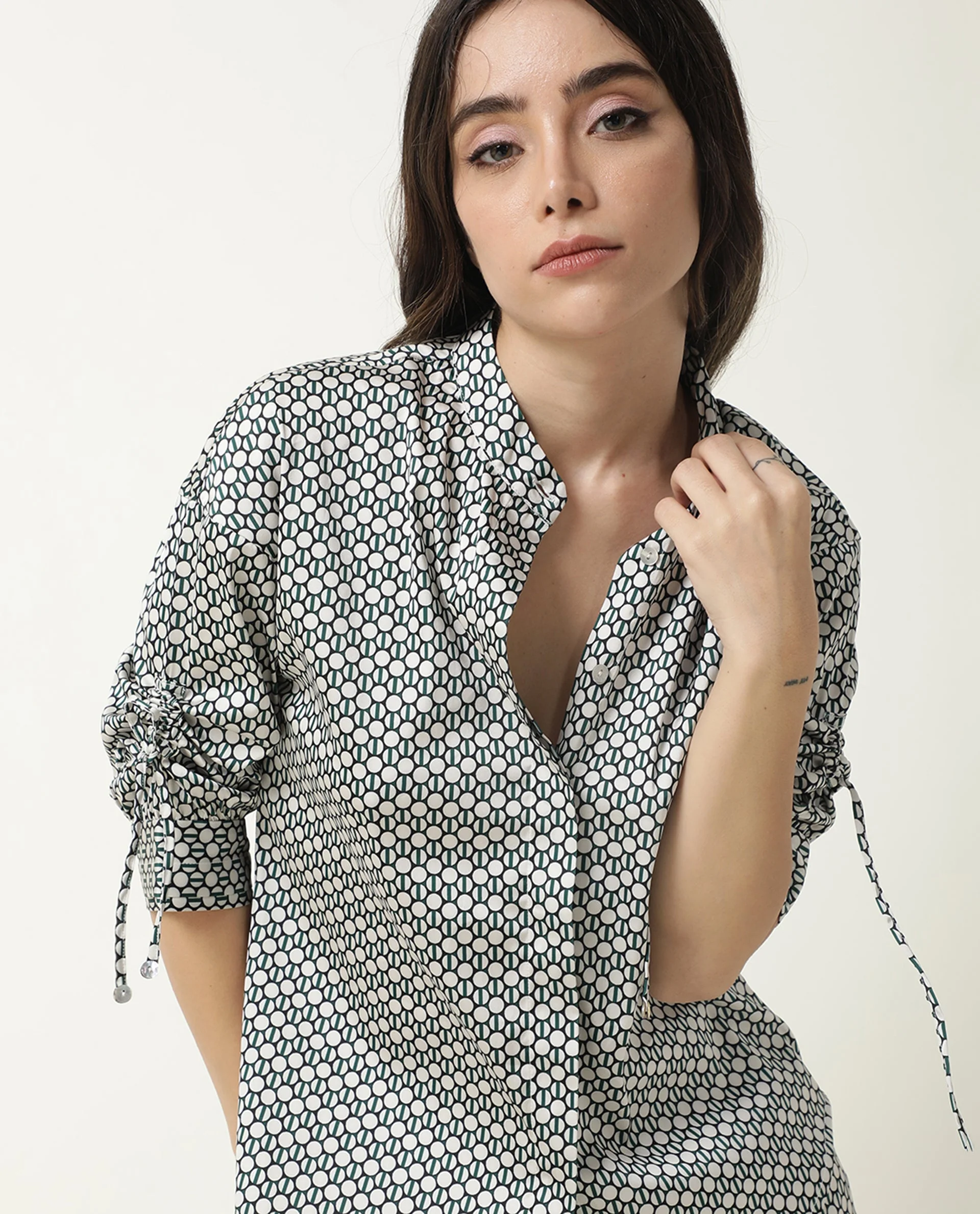 Rareism Women's Elayne Beige Modal Band Collar Geometric Print Tie Up Sleeve Relaxed Fit Top - Image 3
