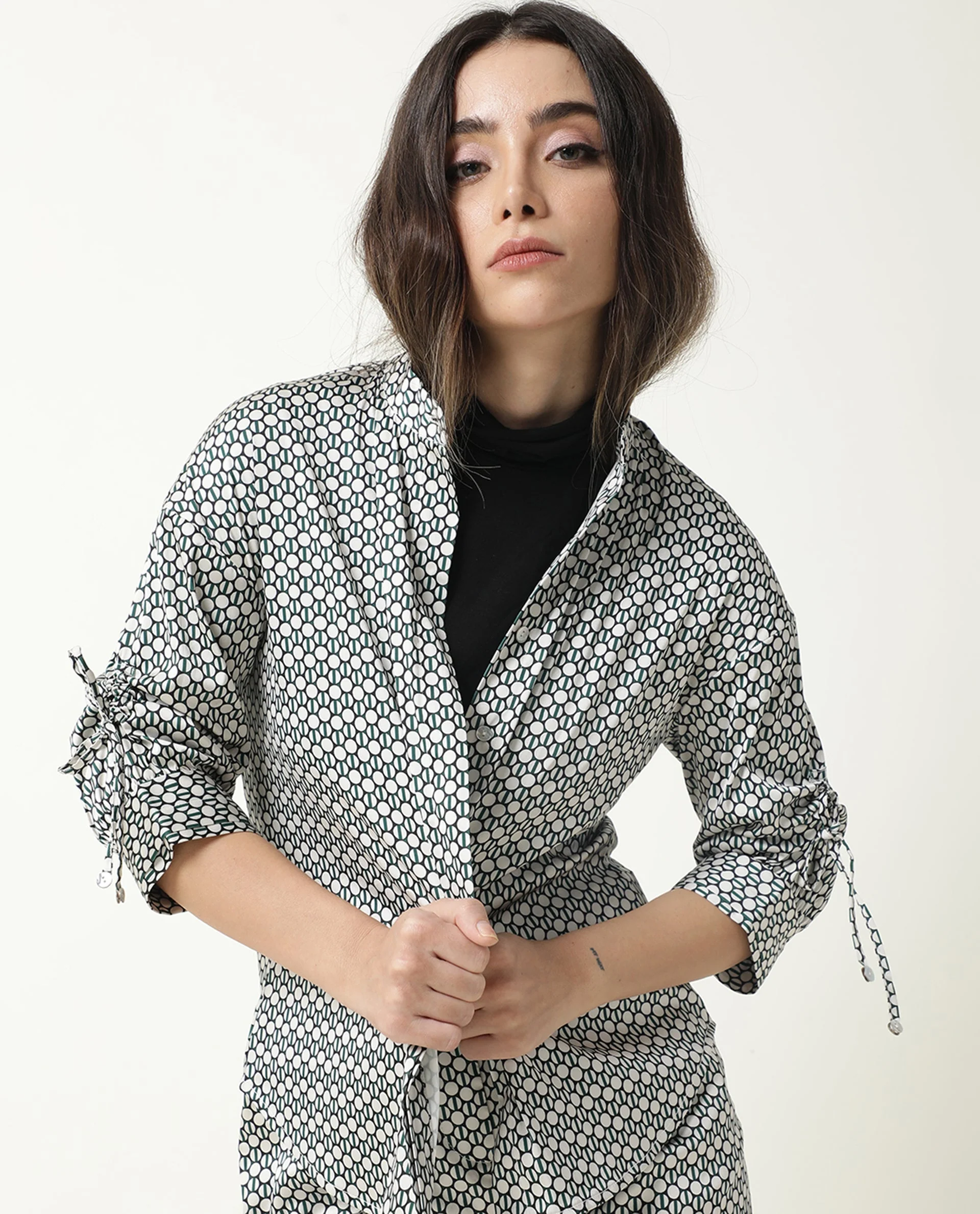 Rareism Women's Elayne Beige Modal Band Collar Geometric Print Tie Up Sleeve Relaxed Fit Top - Image 7