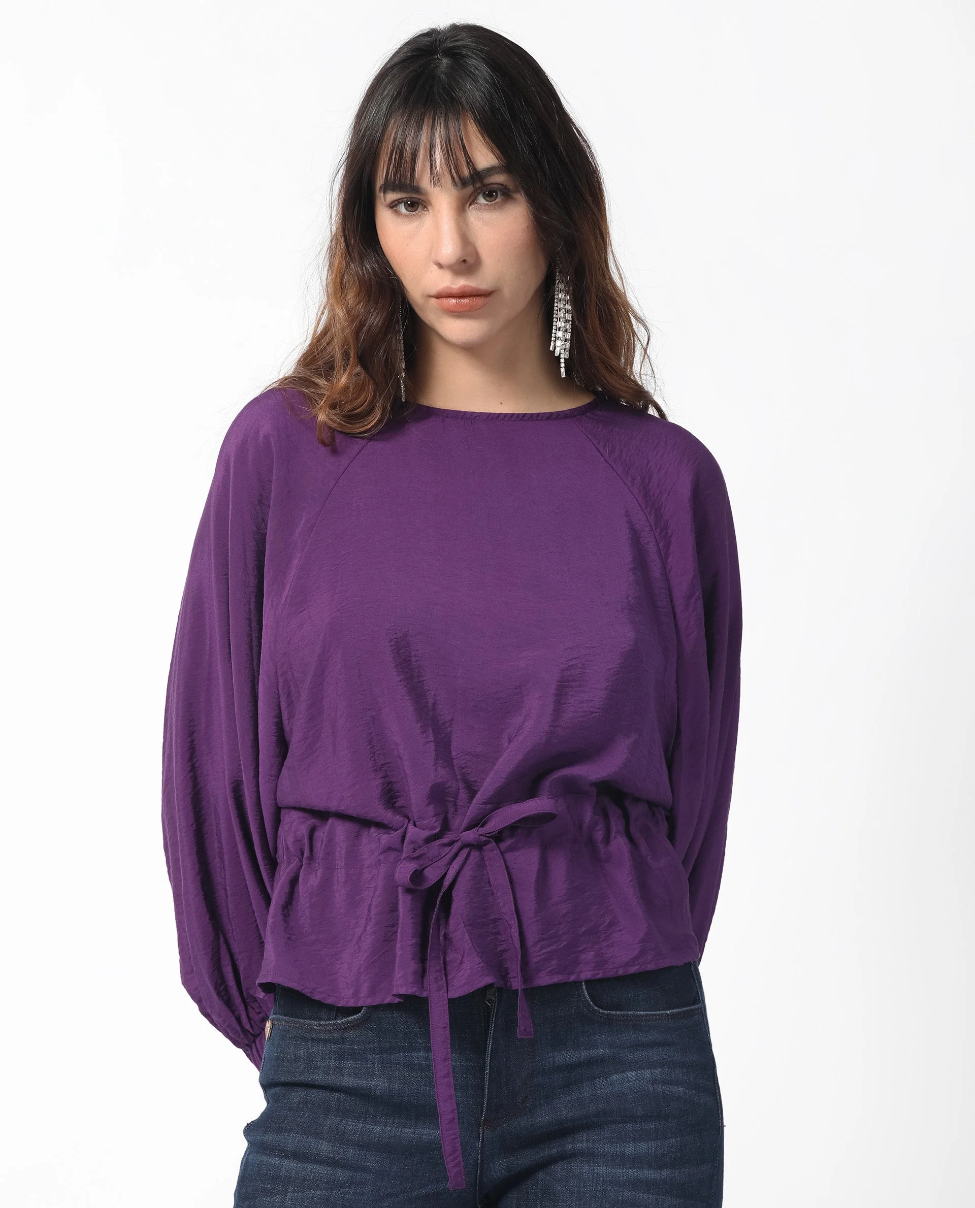 Rareism Women's Elber Dark Purple Polyester Blend Crew Neck Plain Bell Sleeve Relaxed Fit Top
