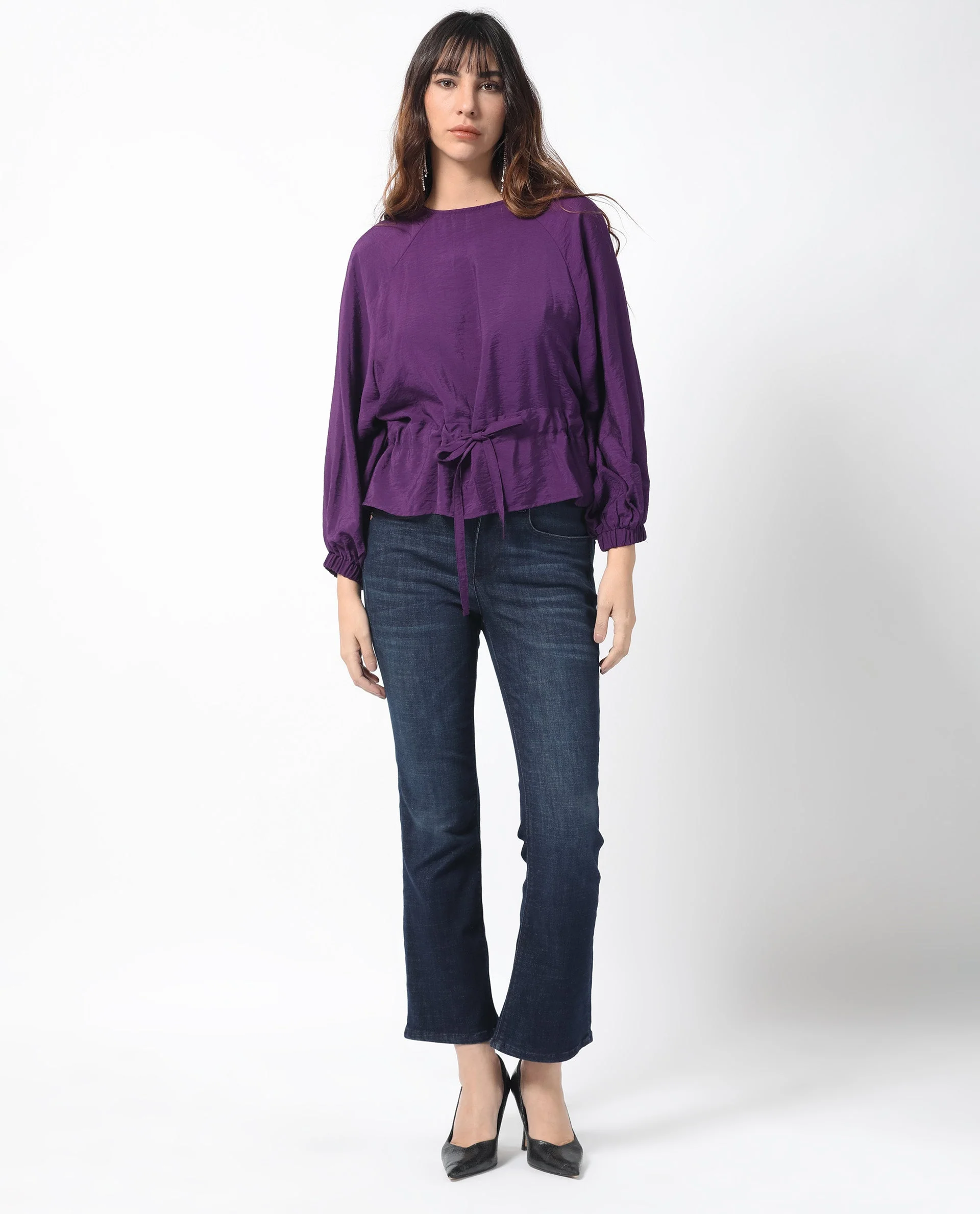Rareism Women's Elber Dark Purple Polyester Blend Crew Neck Plain Bell Sleeve Relaxed Fit Top - Image 2