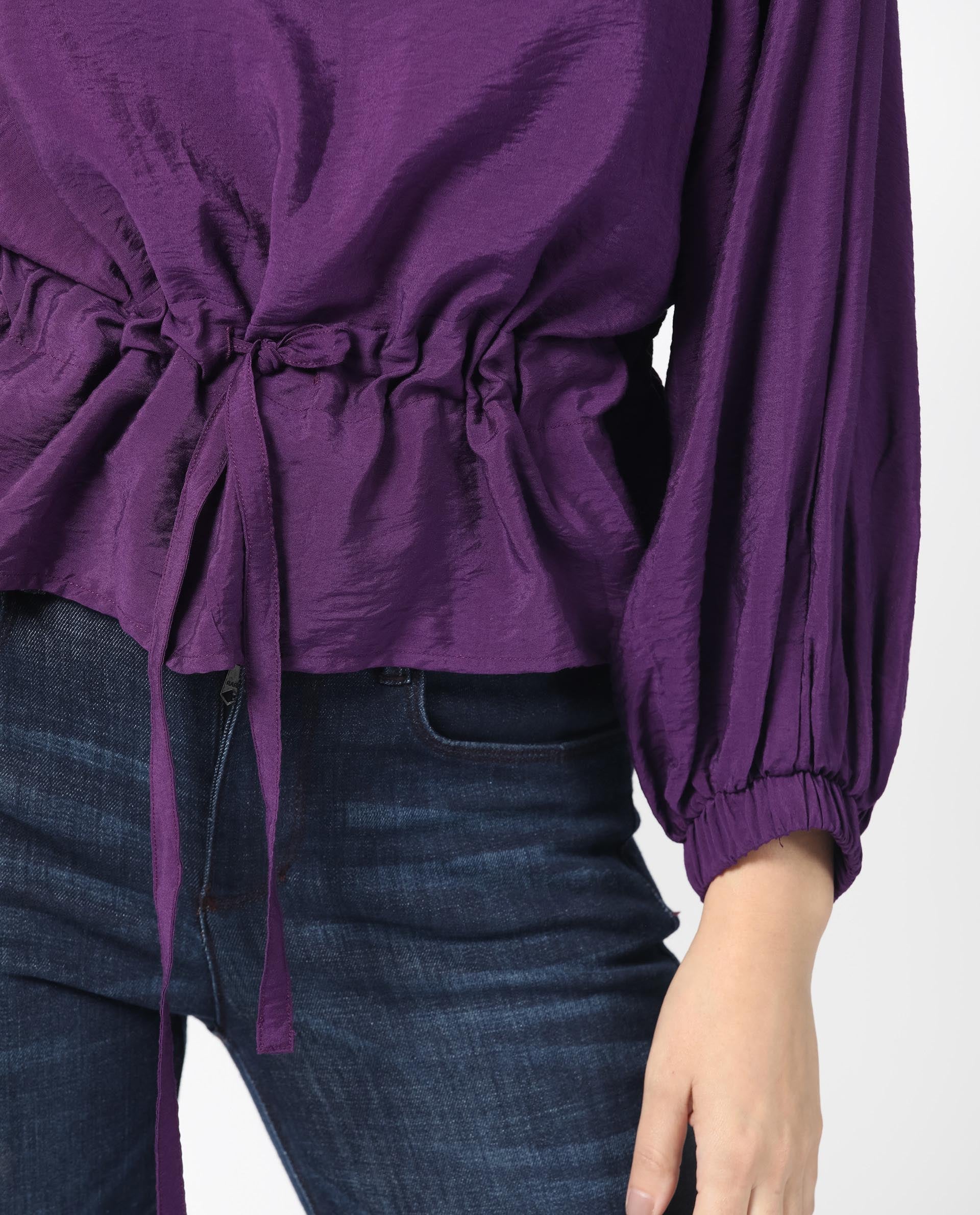 Rareism Women's Elber Dark Purple Polyester Blend Crew Neck Plain Bell Sleeve Relaxed Fit Top - Image 3