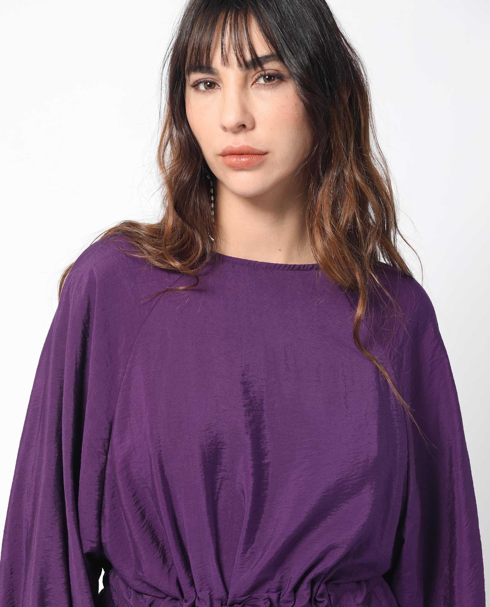 Rareism Women's Elber Dark Purple Polyester Blend Crew Neck Plain Bell Sleeve Relaxed Fit Top - Image 4