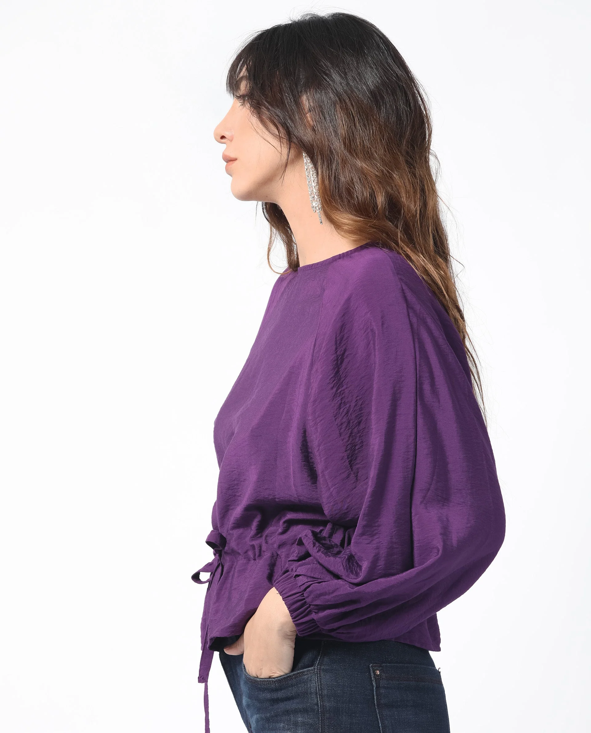 Rareism Women's Elber Dark Purple Polyester Blend Crew Neck Plain Bell Sleeve Relaxed Fit Top - Image 5