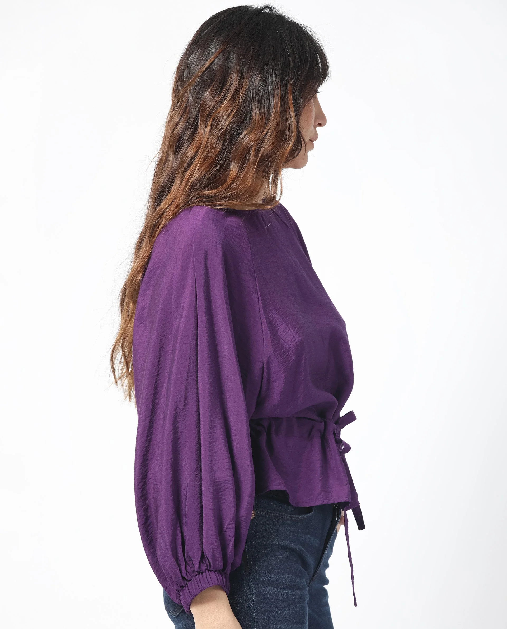 Rareism Women's Elber Dark Purple Polyester Blend Crew Neck Plain Bell Sleeve Relaxed Fit Top - Image 6