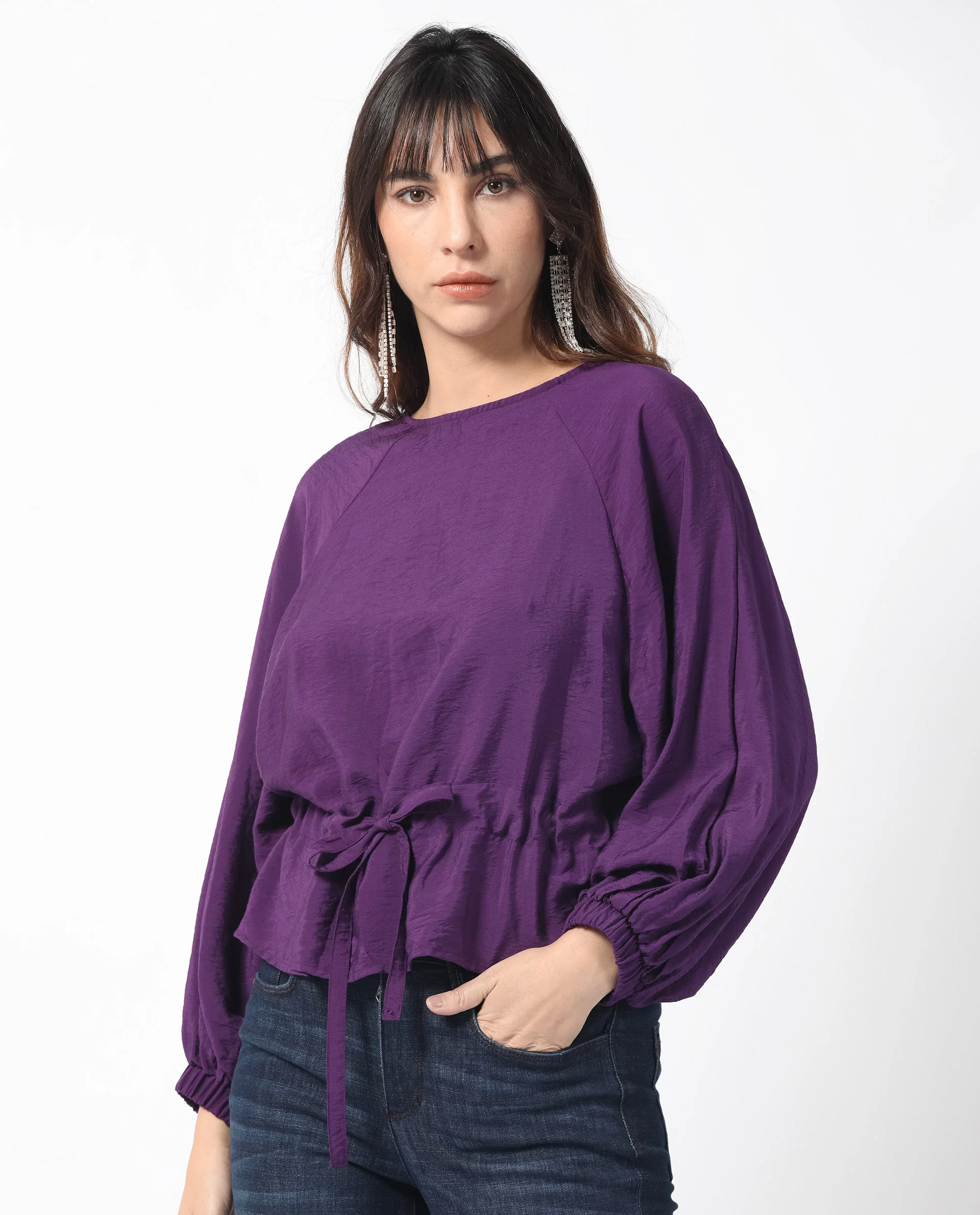 Rareism Women's Elber Dark Purple Polyester Blend Crew Neck Plain Bell Sleeve Relaxed Fit Top - Image 7